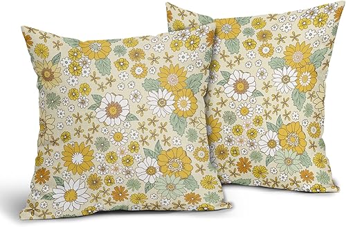 Juego de 2 fundas de almohada retro boho floral de 18 x 18 pulgadas, fundas de almohada de flores vintage de lino y algodón con temática abstracta,