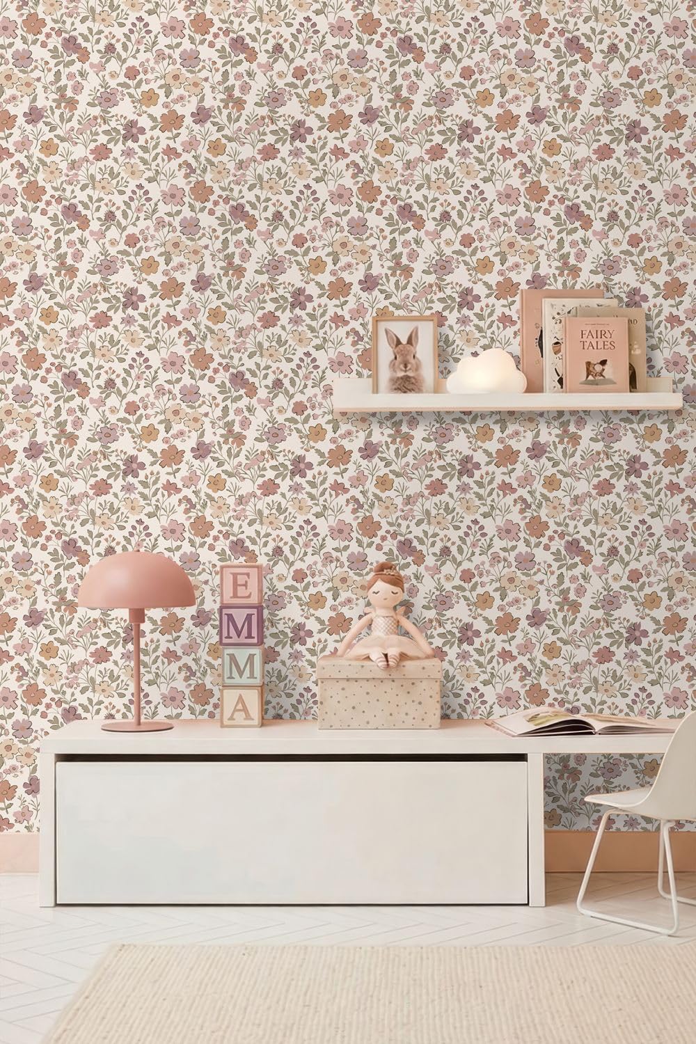 papier peint fleurs mauve violet, vert grisé et terracotta 53 cm x 10.05 m - ESTAhome