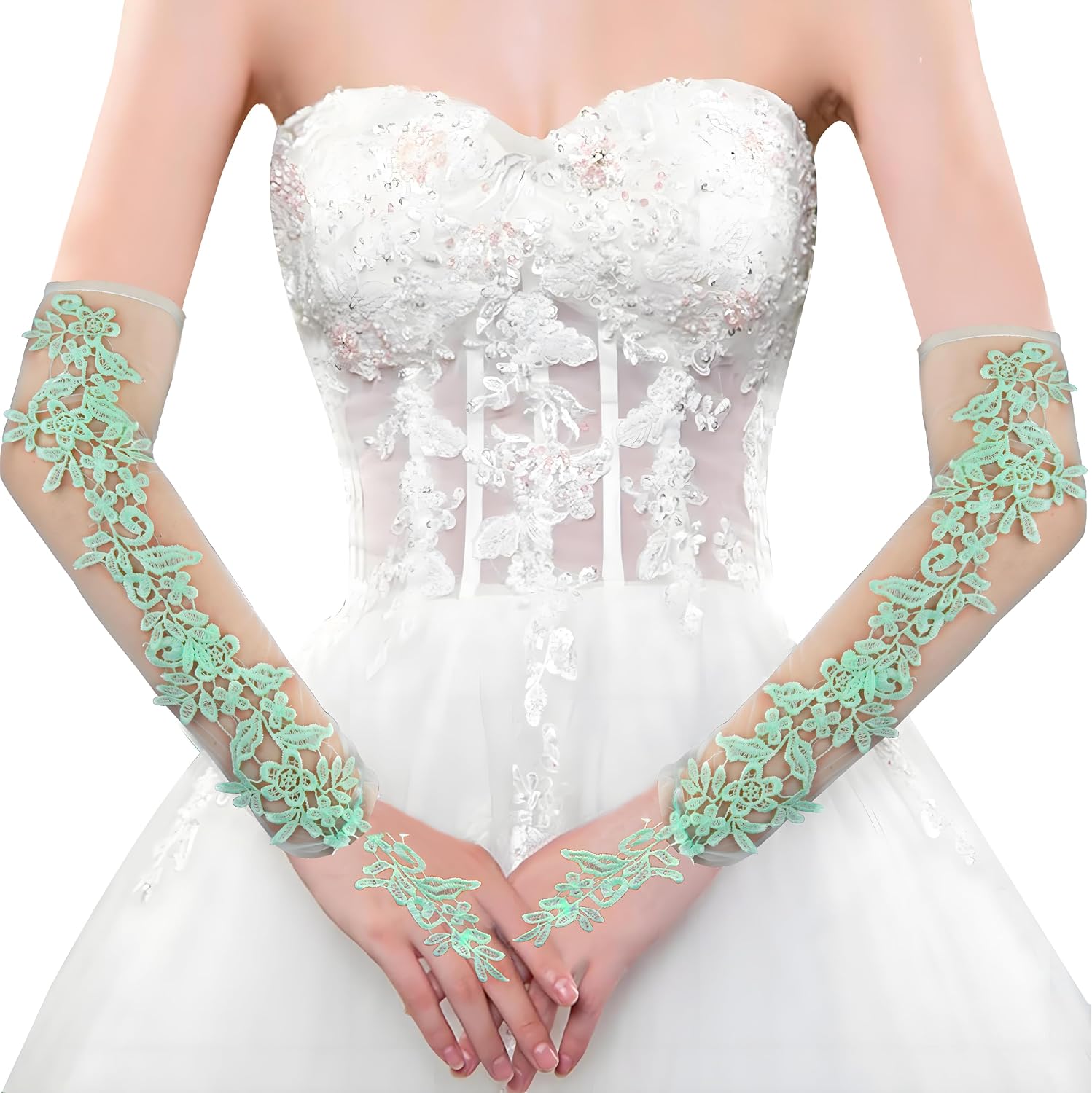 Specell Women's Long Lace Fingerless Gloves Sheer Mesh Tulle Elbow Length Gloves for Bridal Wedding Party Prom Dance Opera