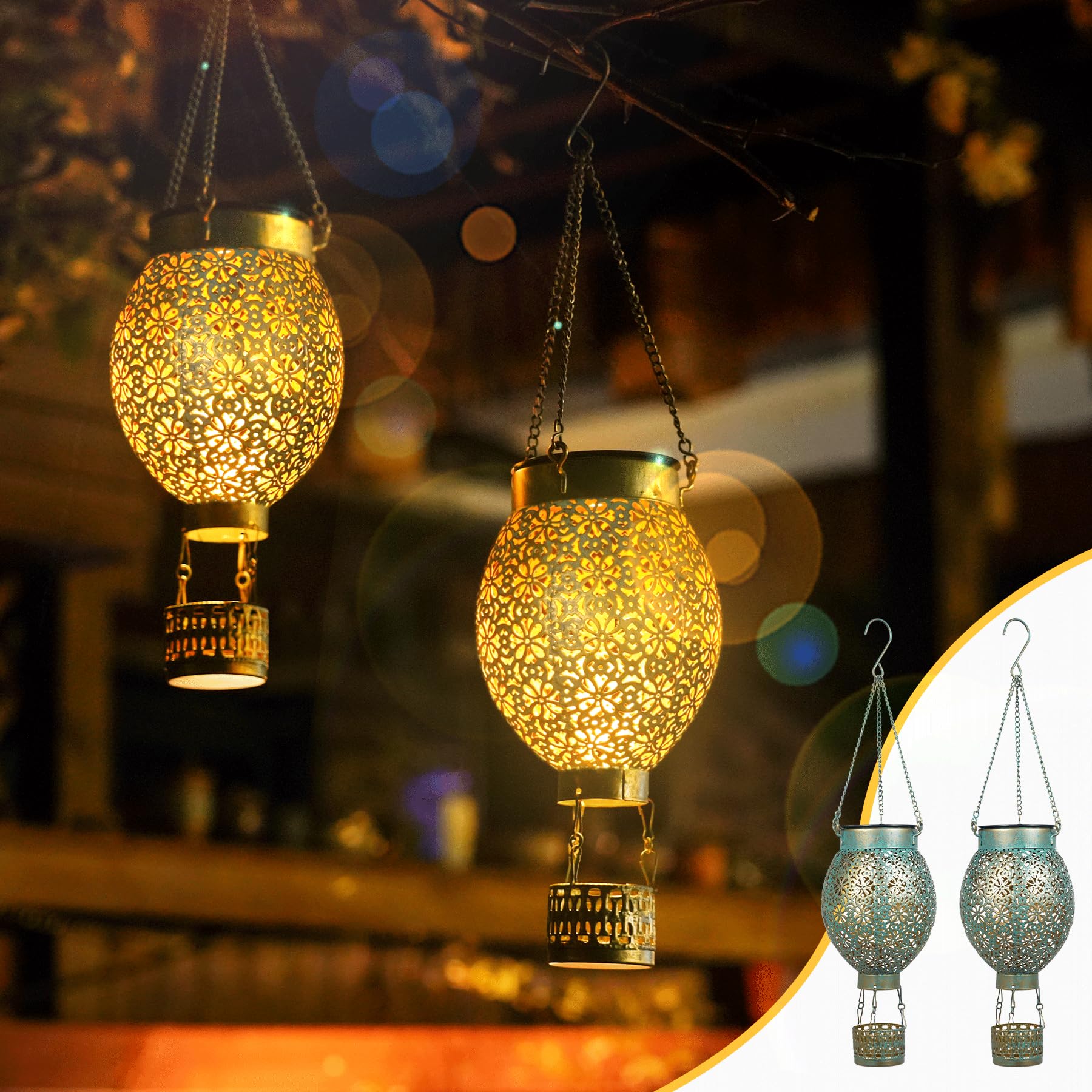 JOYCREATOR Lámparas solares colgantes para exteriores, 2 unidades, globo aerostático LED para exteriores, decoración de jardín, linterna solar de metal IP65, resistente a la intemperie, como regalos