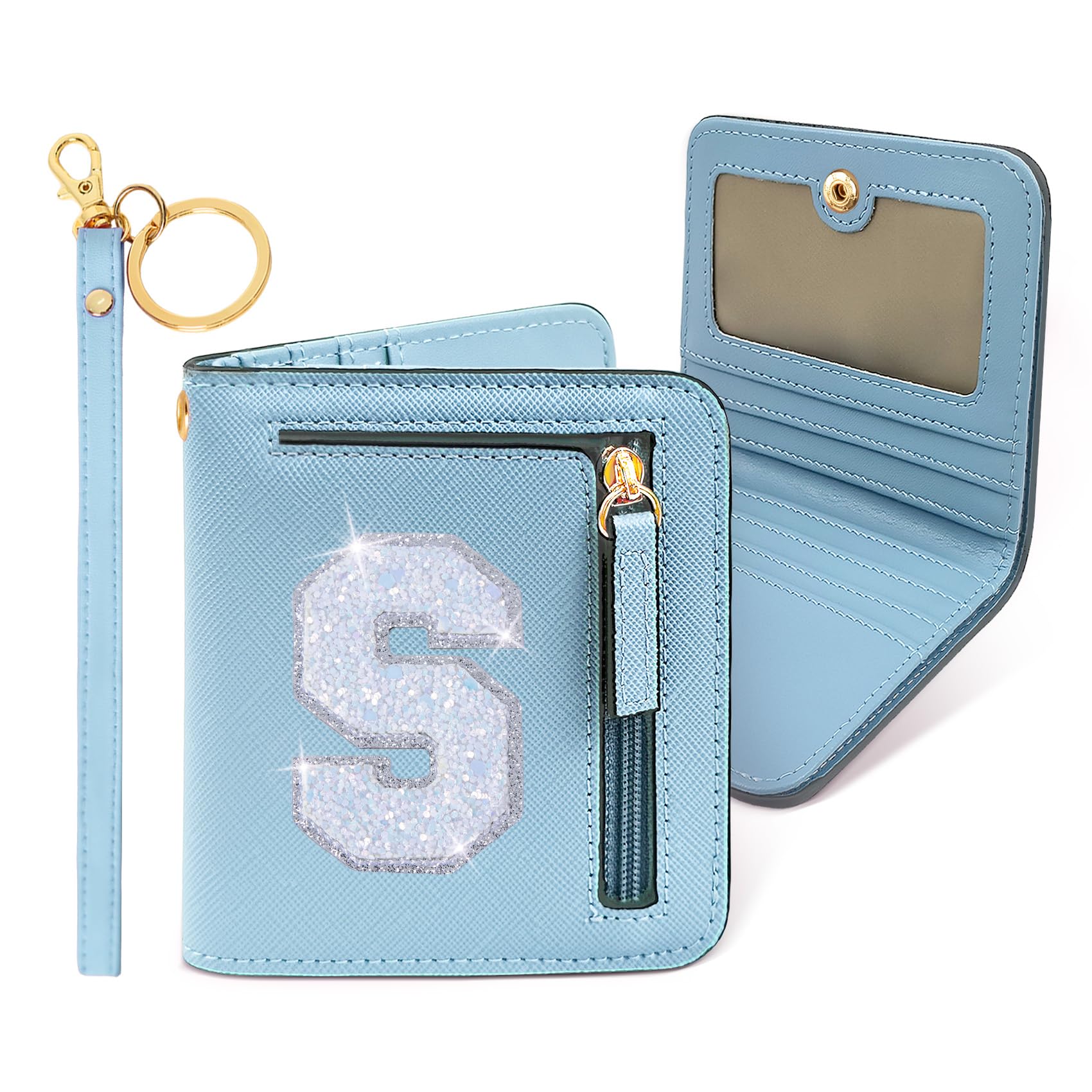 COSHAYSOO Initial RFID Wallet Small for Teenage Girl Travel Daily Accessories, Tiny Bifold PU Leather Wallet Minimalist with Zipper Pocket Credit Card Slot Birthday Trendy Easter Gift Blue S