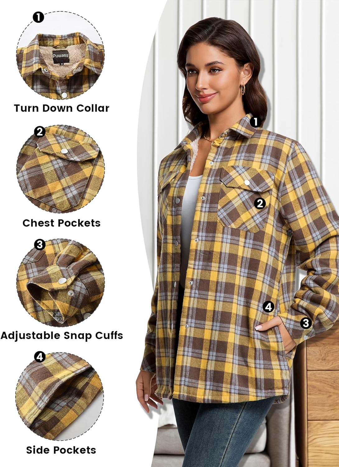 Women's Fleece Flannel Jacket Cotton Plaid Button Down Shirts Jacket Sherpa Lined Plaid Jackets for Women - Image 6