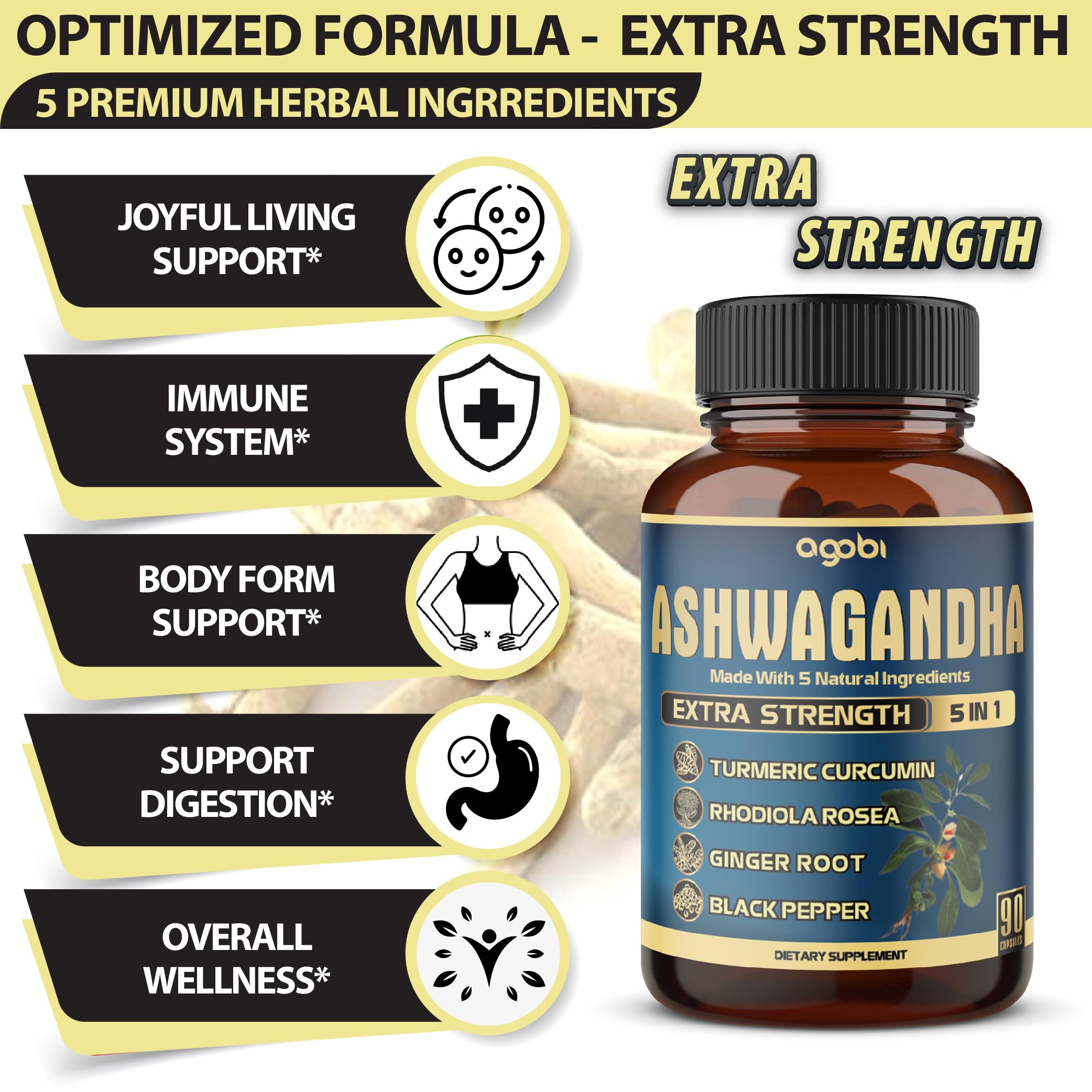 Ashwagandha Extract Capsule - Great Strength - 5in1 Blended Ginger, Turmeric, Rhodiola Rosea & Black Pepper - 90 Capsules for 3 Months - Strength, Spirit & Immune Support — Amazon image 3