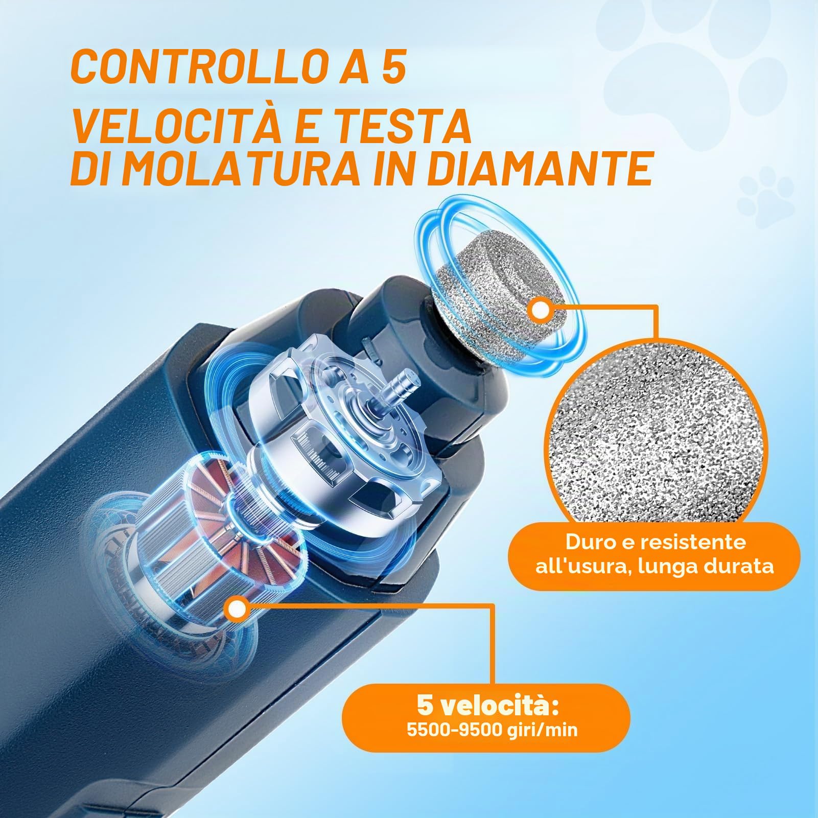 GlasFlength Lima Taglia Unghie per Cane e Tagliaunghie Cani, 5 velocità Professionale Tagliaunghie Gatto con 2 Luci LED Ricaricabile Lima Unghie per Cani e Gatti di Taglia Piccola Media e Grande