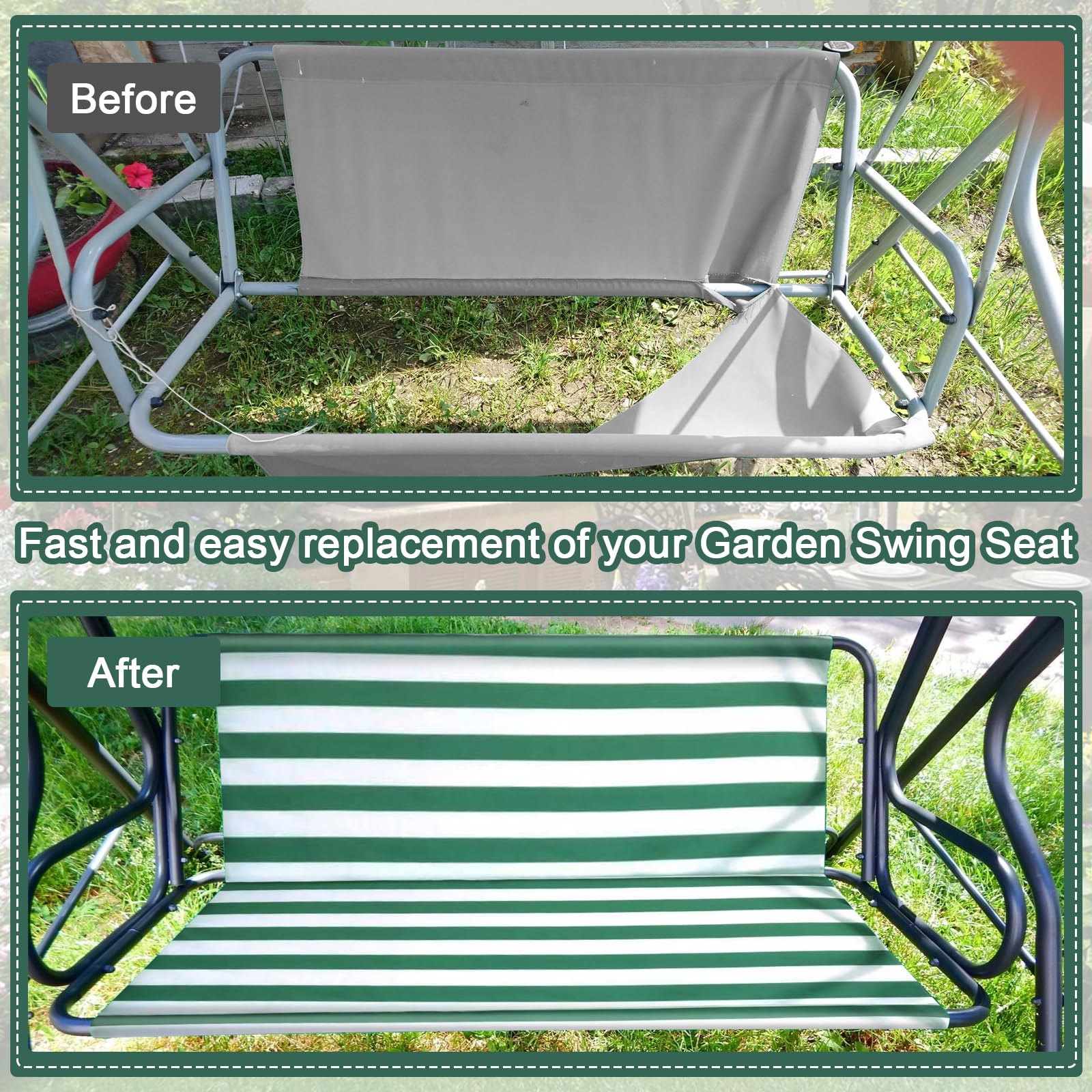 WingFly Funda de Asiento de Jardín para Columpio de Jardín, para Silla Mecedora de Jardín, Fundas para Silla de Jardín, 2 y 3 Plazas Rayas Horizontales Verde (158 * 52 * 52cm)
