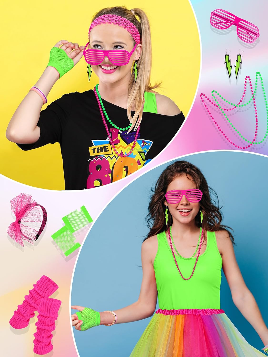 AOTHSO 24 Pieces Halloween Women 80s Costume Accessories Set 80s Cosplay T-Shirt Tutu Pants Racerback Top Fanny Pack Gloves - Image 6