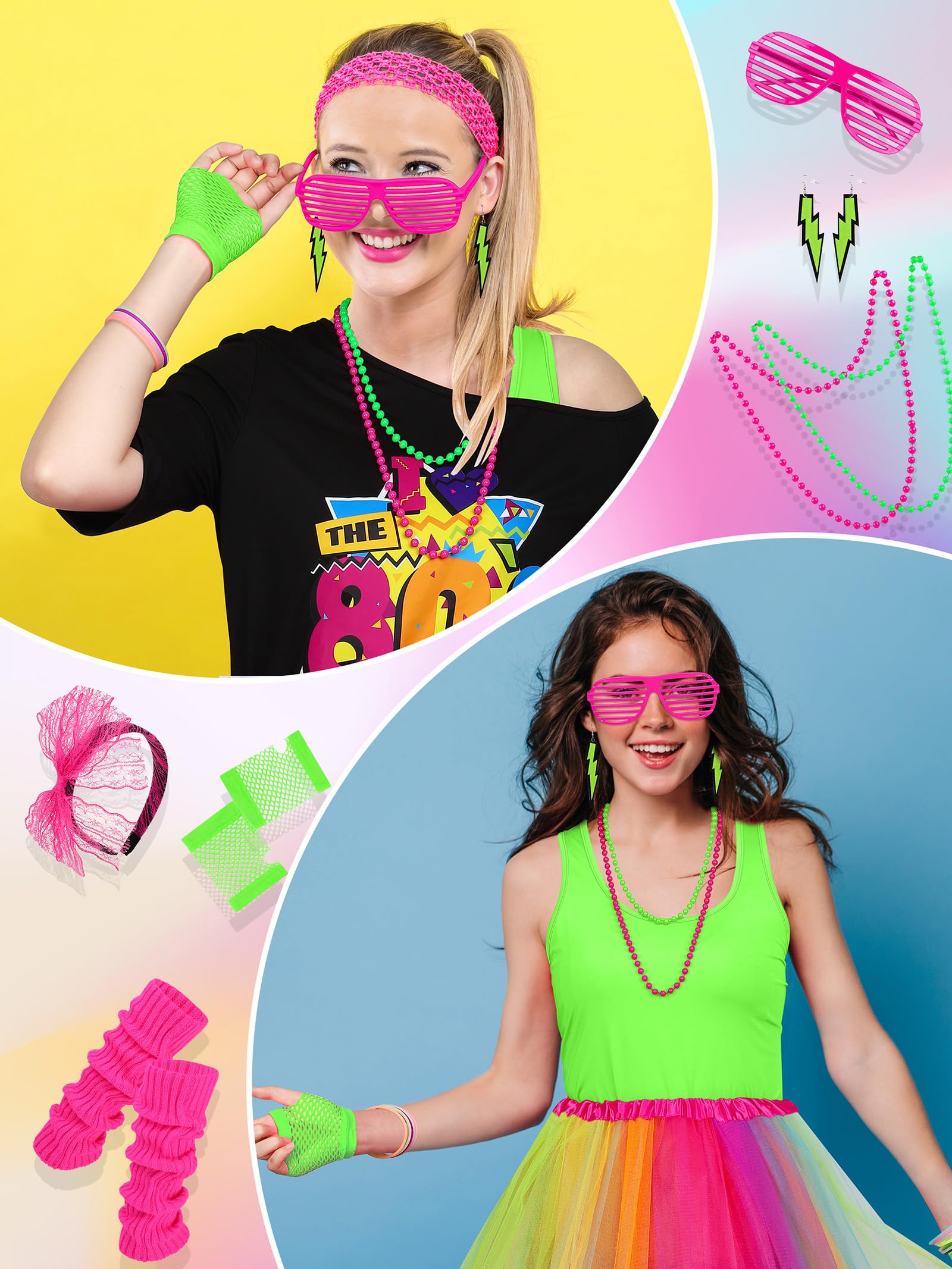 AOTHSO 24 Pieces Halloween Women 80s Costume Accessories Set 80s Cosplay T-shirt Tutu Pants Racerback Top Fanny Pack Gloves