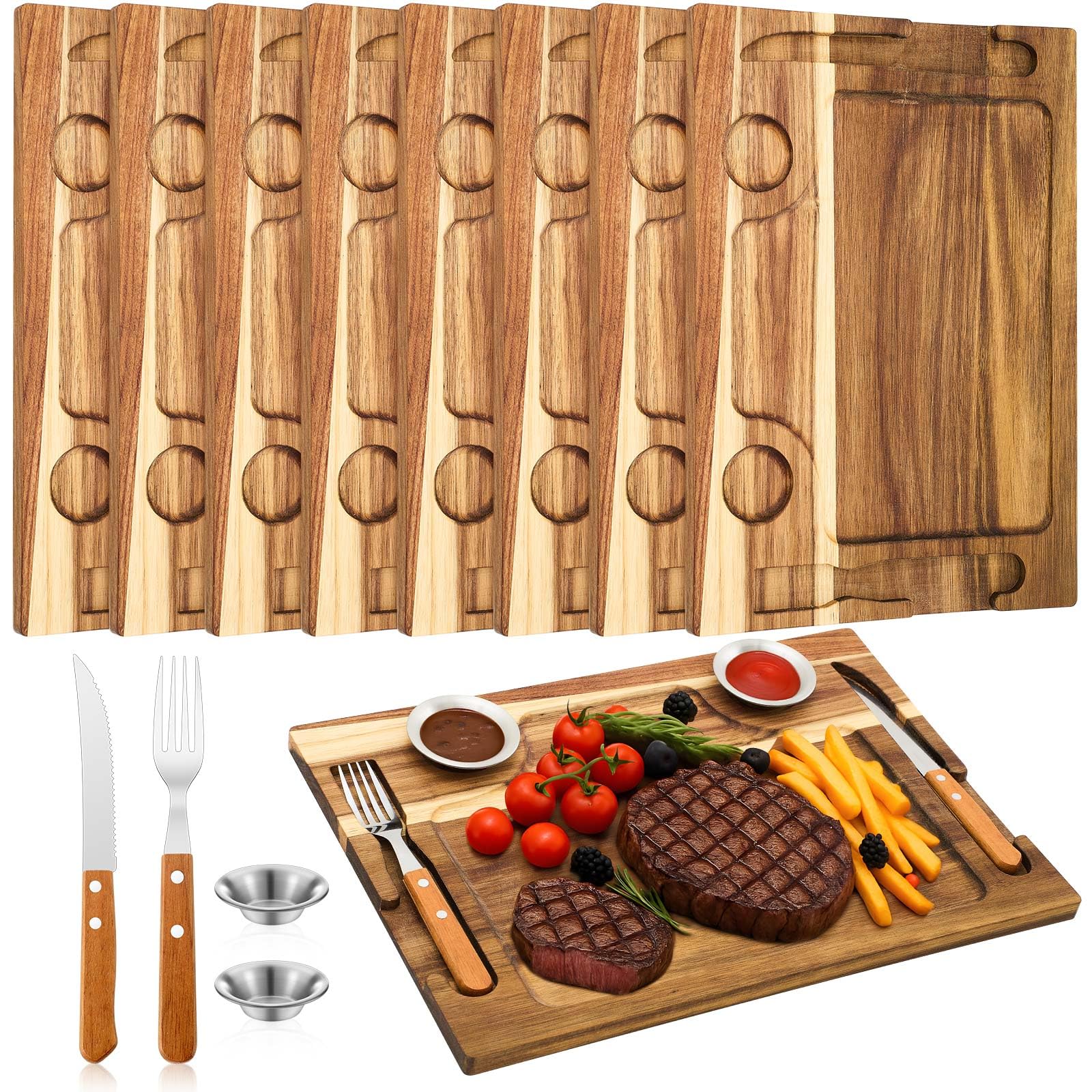 Honeydak 8 Set Acacia Wooden Steak Board Steak Plate Cutting Board with Fork, Knife and Sauce Cups 15.7 Inches Wood Serving Tray for Cheese Charcuterie Meat and Poultry, Birthday Wedding Gift