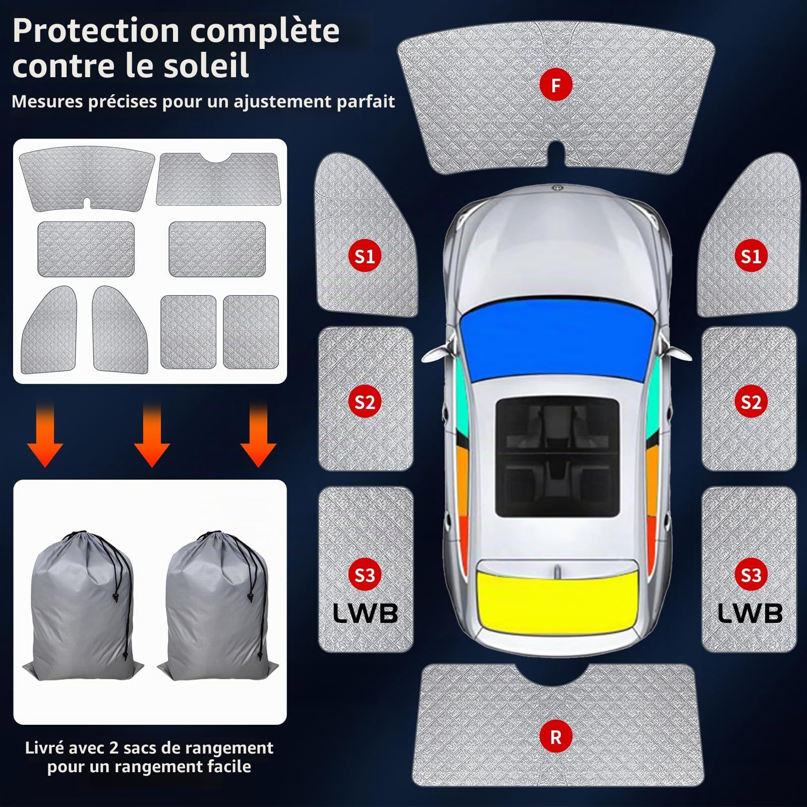 Tapis thermique intérieur pour la cabine conducteur, compatible avec VW T5/T6 LWB (empattement long) - Set de 8 pièces, multicouche, protection solaire indéchirable, montage facile