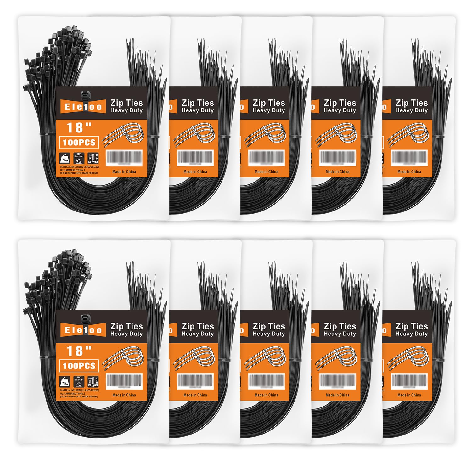 Eletoo18 Inch Black Zip Ties Heavy Duty 1000 Pack, 75LBS Tensile Strength, Self-Locking Heavy Duty UV Resistant Cable Ties for Indoor and Outdoor Use