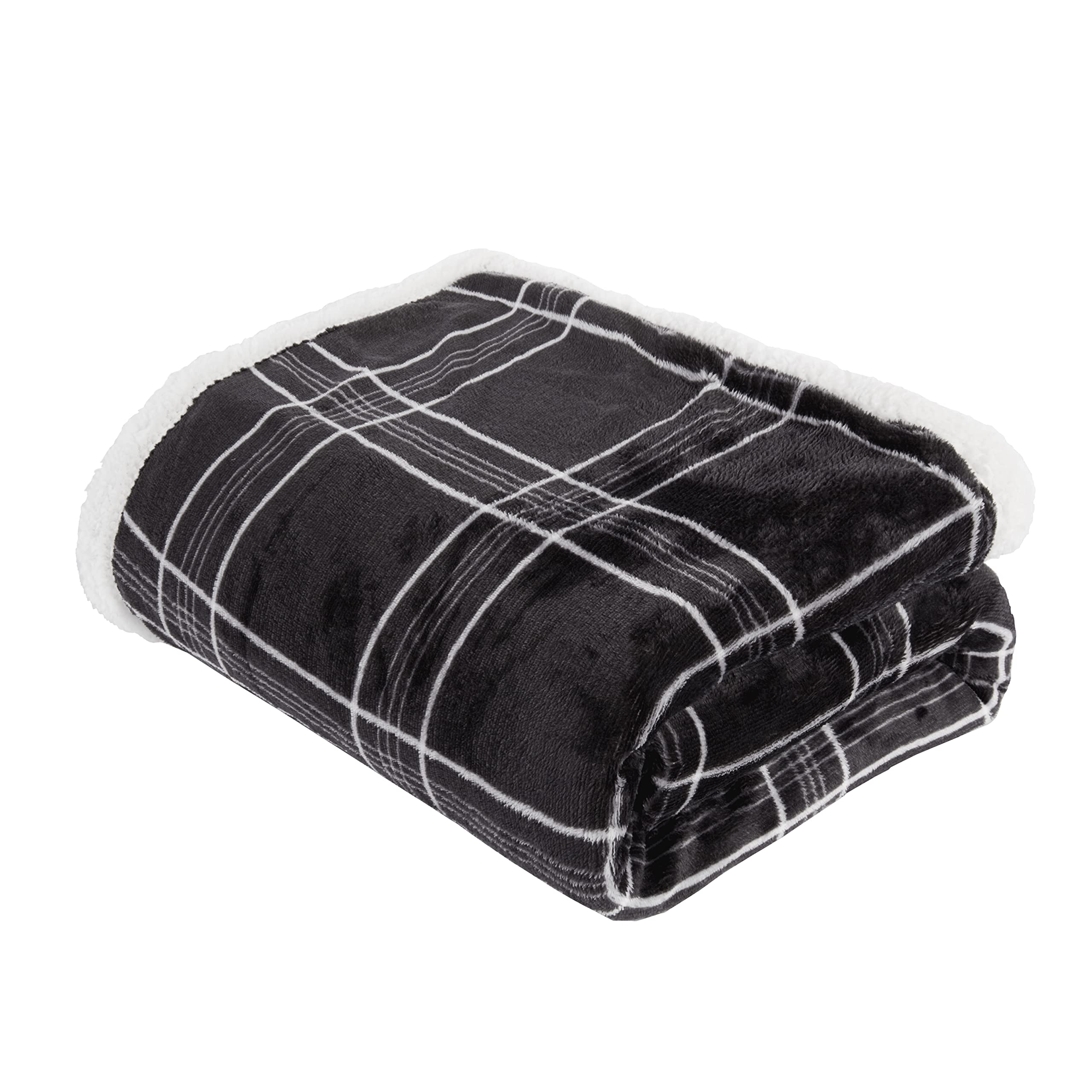 Sleepdown Luxury Check Printed Flannel Fleece Grey Throw Over Sofa Super Soft Warm Cosy Bed Blanket Bedspread With Sherpa Reverse - 150cm x 200cm, 5056242828952