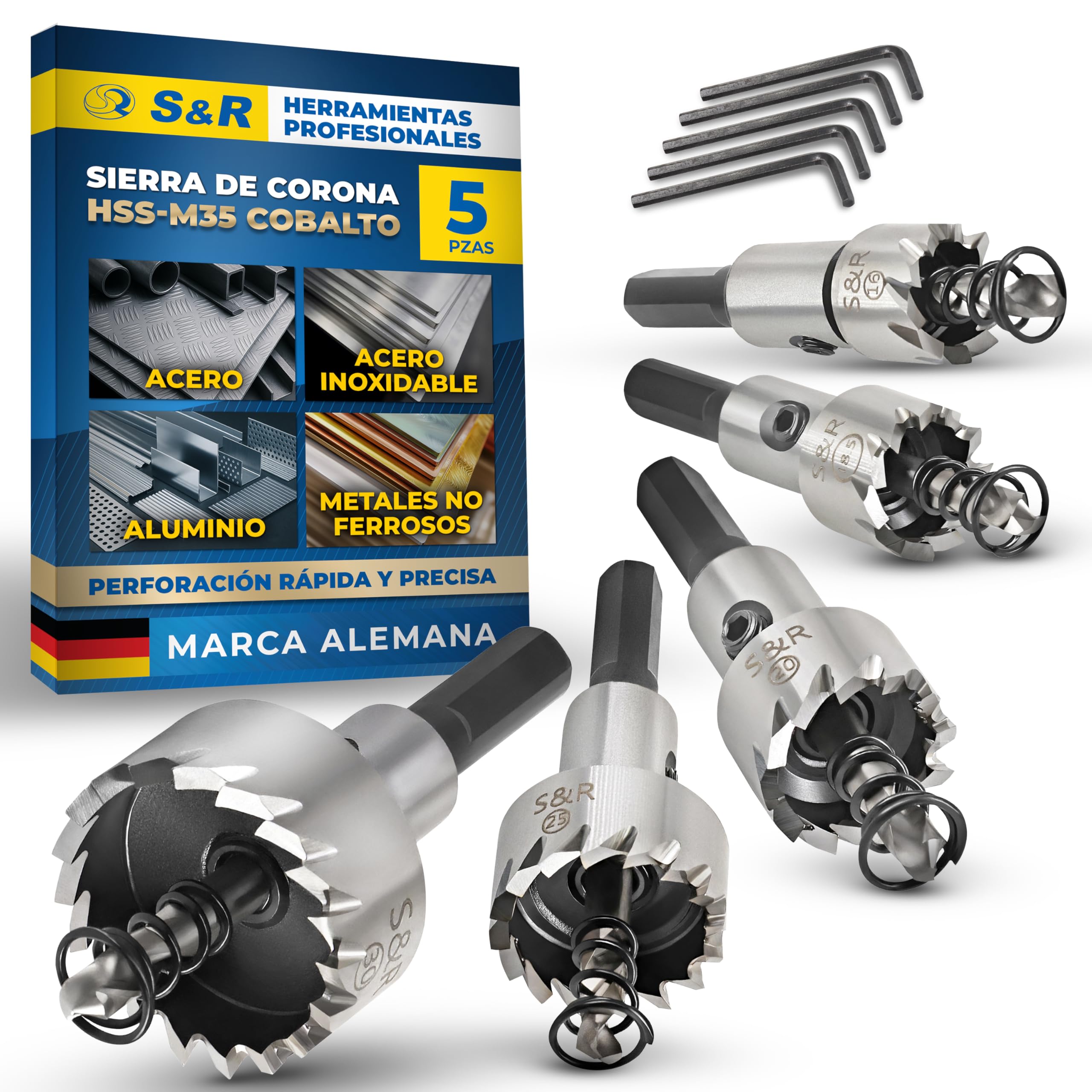 S&R Brocas Sierra Coronas Perforadora Metal. - Juego de 5 Fresas a Taza: 16 + 18,5 + 20 + 25 + 30 mm HSS Cobalto 5% - HRC 64-66