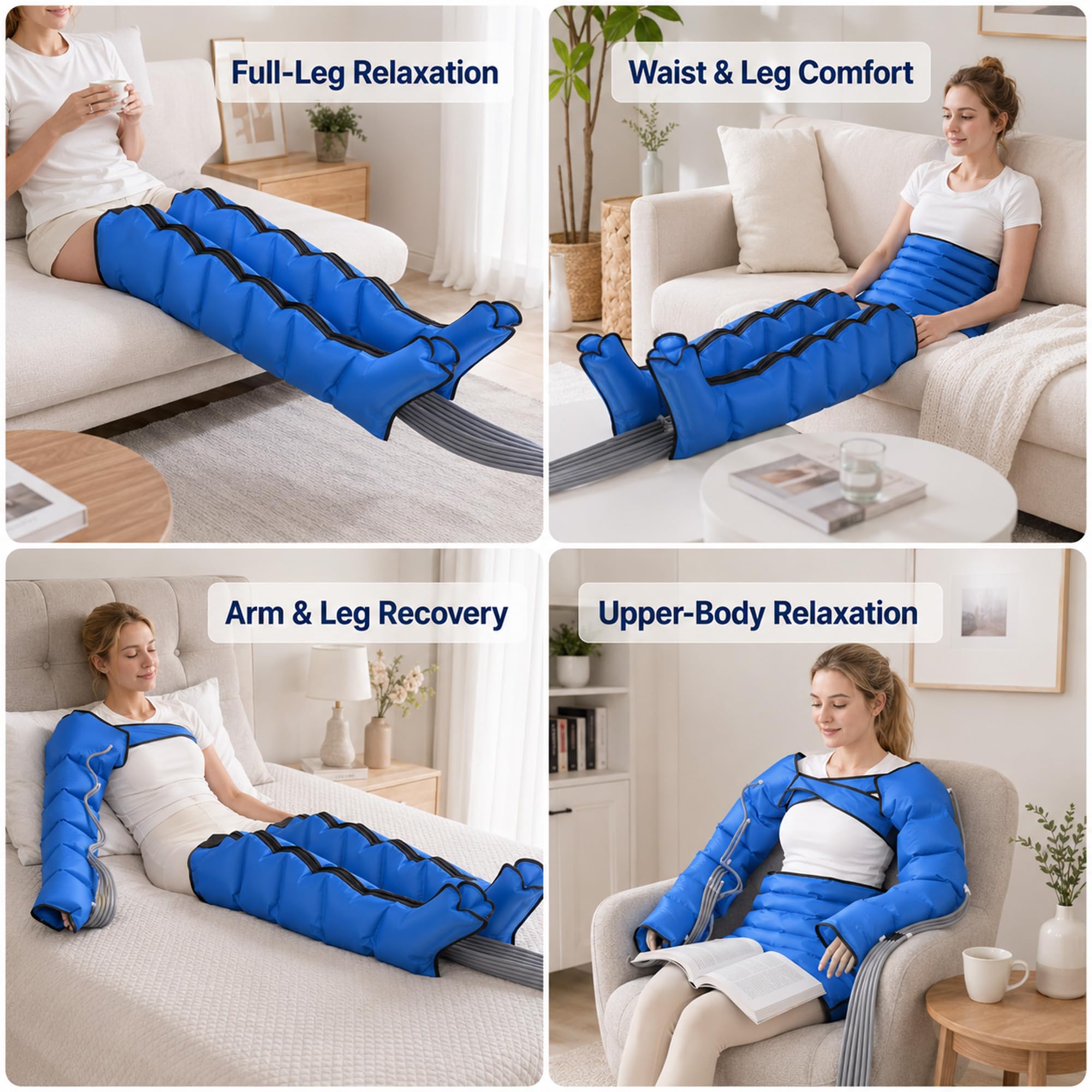 Maquina Presoterapia para Casa, 6 Cámaras (Azul Perneras, Faja y Brazo, M)