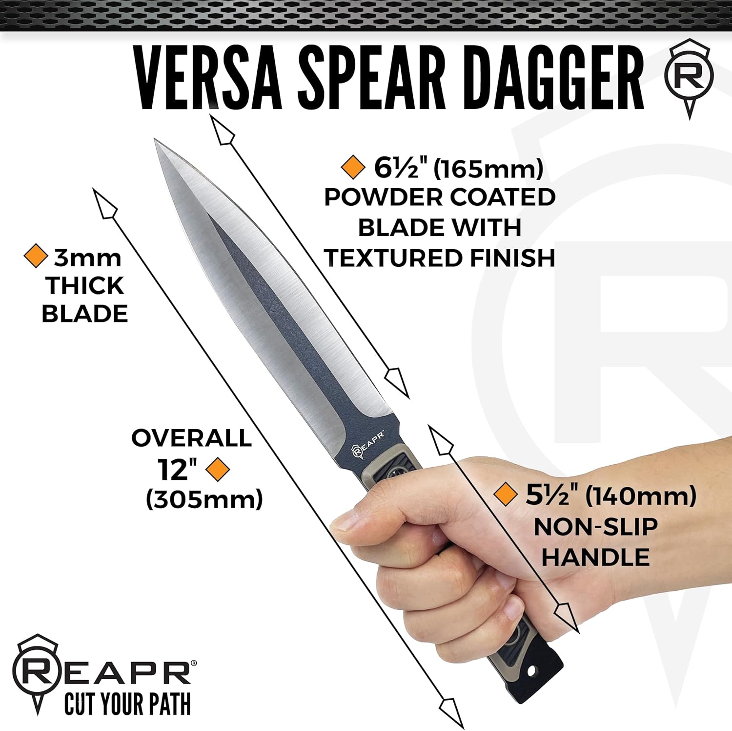 Reapr VERSA SPEAR DAGGER 12" Convertible Knife with 6.5" Dual-Edge Blade, 3Cr13 Stainless Steel, TPR Handle, MOLLE-Compatible Sheath, Take-Down Wrench & Paracord for Survival & Camping