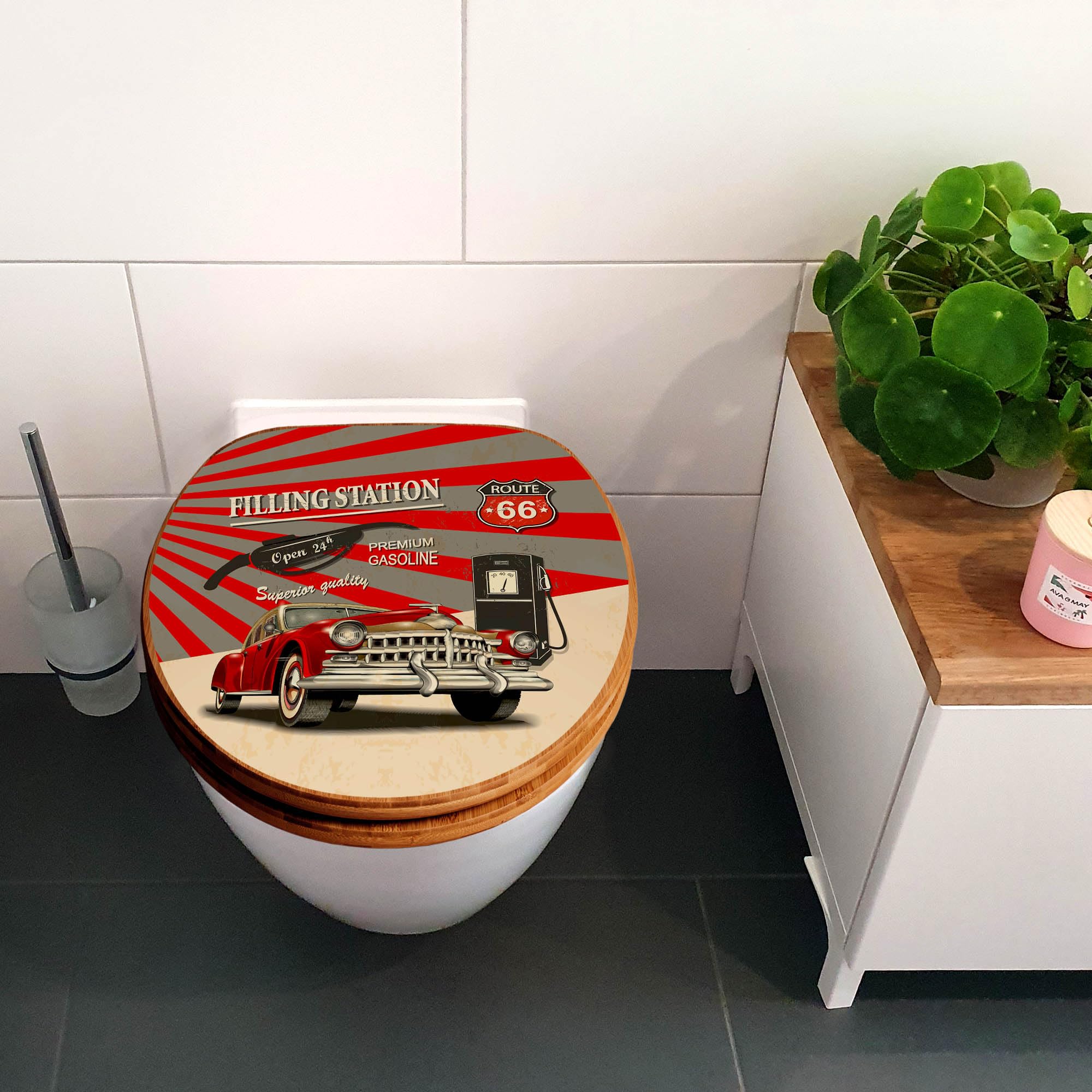 banjado Design WC Sitz Bambus Absenkautomatik 45,8x37,5cm - Toilettendeckel mit Absenkautomatik Holz - hochwertiger Bambus Klodeckel - WC-Sitz für gängigen Toiletten - Motiv Filling Station