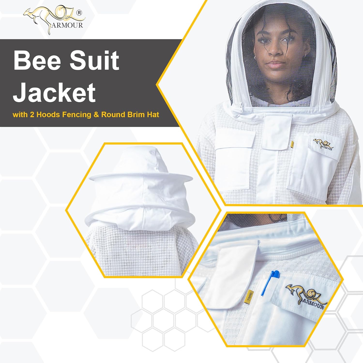 Beekeeping Ventilated Jacket 3 Layers Mesh for Beekeepers, Bee Suit Jacket with 2 Hoods Fencing & Round Brim Hat (X-Large)