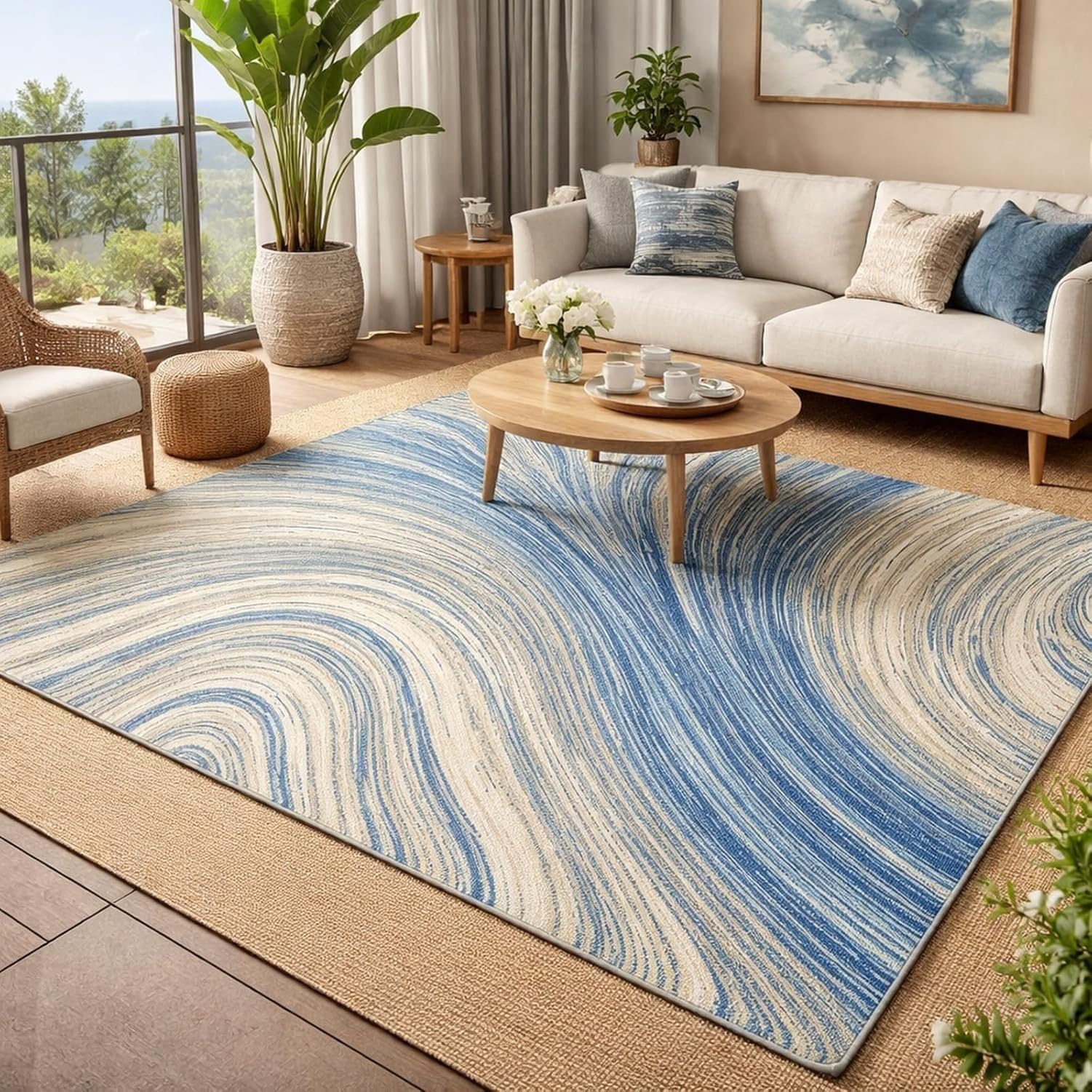 Tappeto Piccolo Lavabile Astratto Moderno Blu Beige, Blu, 200 x 200 cm