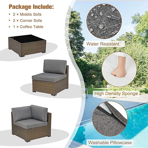 Miniatura 3 de KINTNESS Juego de muebles de patio para exteriores, 5 piezas, juego de conversación de patio al aire libre, juego de sofá seccional de mimbre de