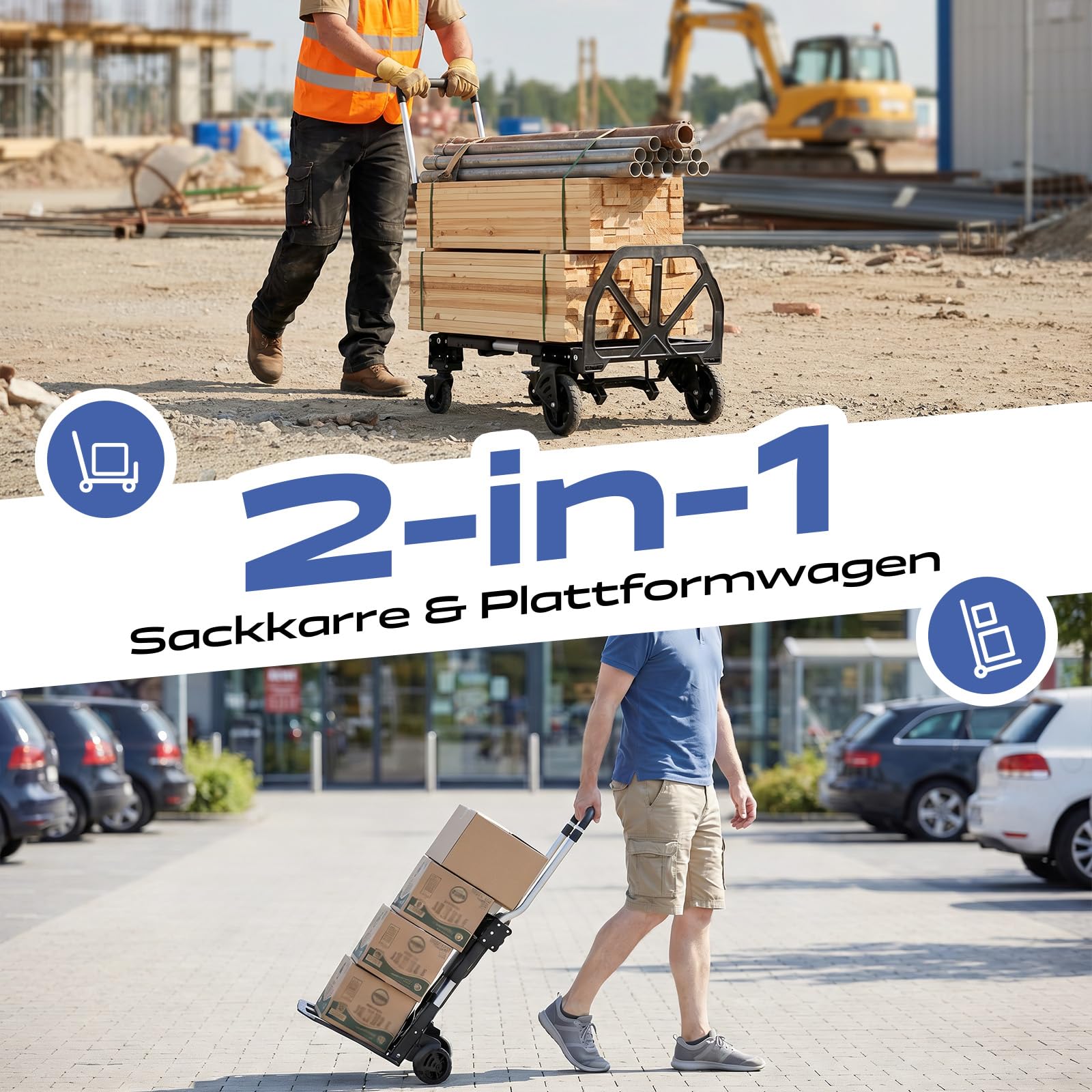Sekey Sackkarre Klappbar & Klappbarer Transportwagen 2-in-1, Aluminium Plattformwagen belastbar bis 150 kg, Transportkarre mit TPR-Doppellagerräder, Bremse & Ergonomischem Griff, Schwarz