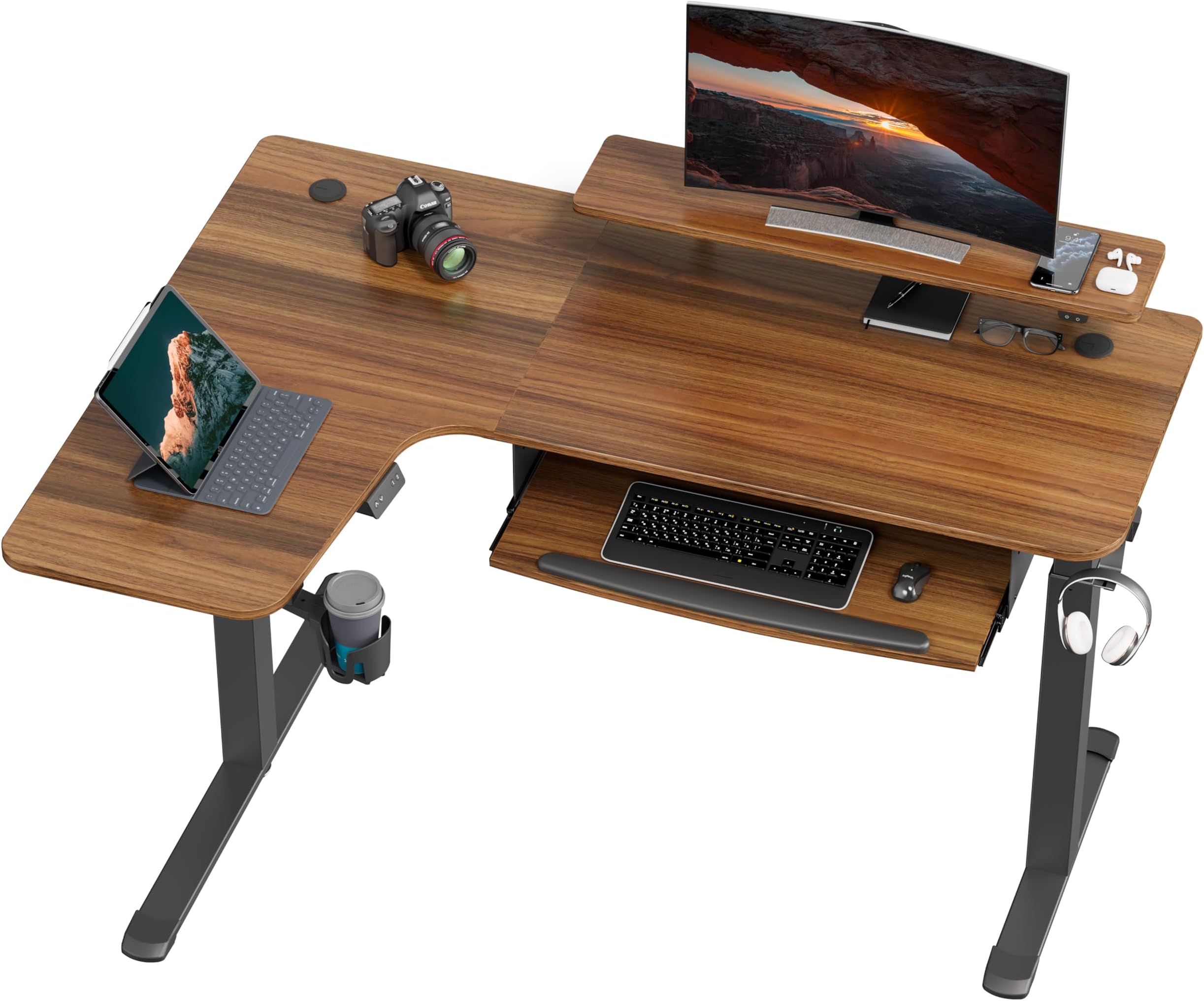 Standing Desk Electric Adjustable Height (61"x43") Computer Desk with Keyboard Tray, Sit Stand Desk L Shaped Desk for Work/Home Office,Dual Motor,Memory Presets,2 USB/RGB,Walnut/Left