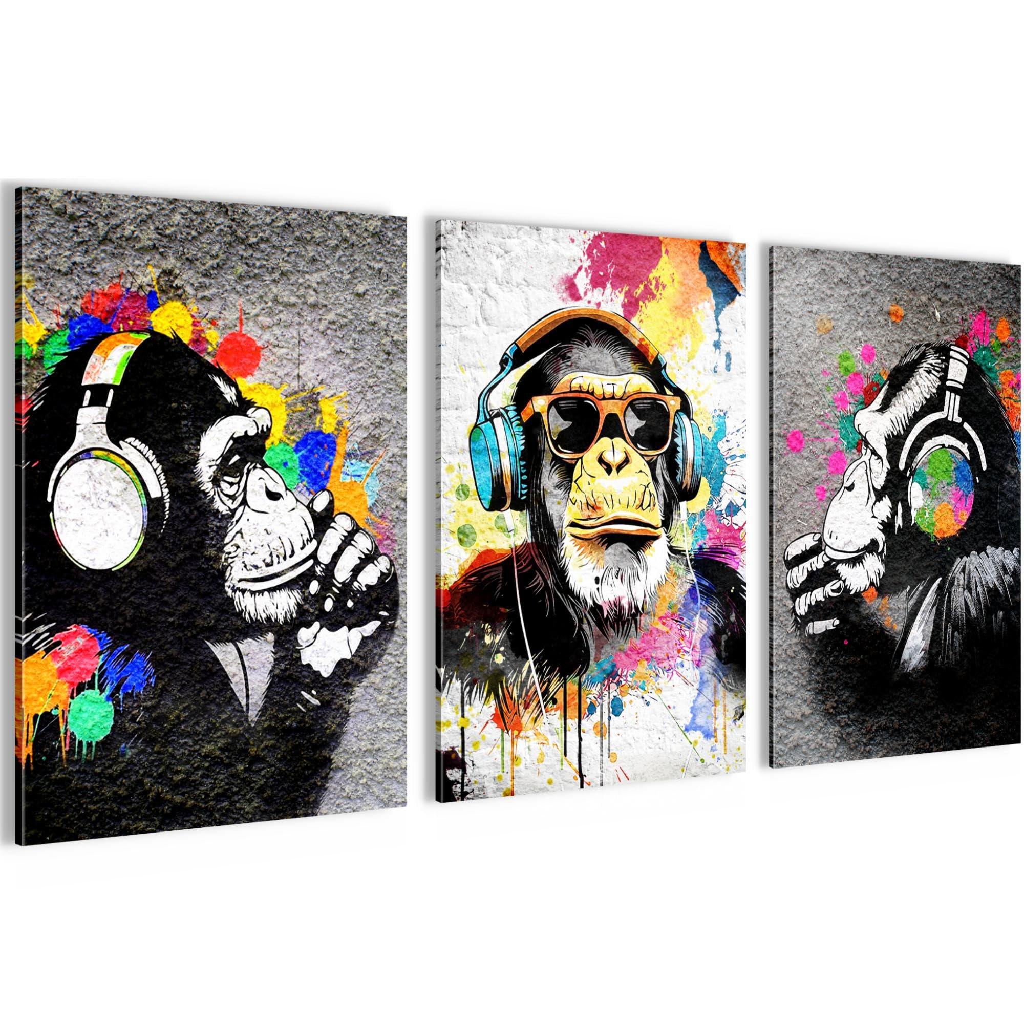 Novart Pictures Set Street Art - NO EXTRA FRAME NEEDED - Wall pictures for Living Room Bedroom Office - 3 piece deco Monkey - N034536a