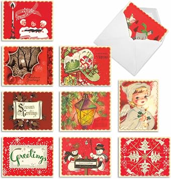 The Best Card Company Variety Pack of 10 Retro Christmas Greeting Cards with Envelopes, Humor Holiday Assortment for Men and Women 10 Designs, 1 Each - A Crimson Christmas M1757XS