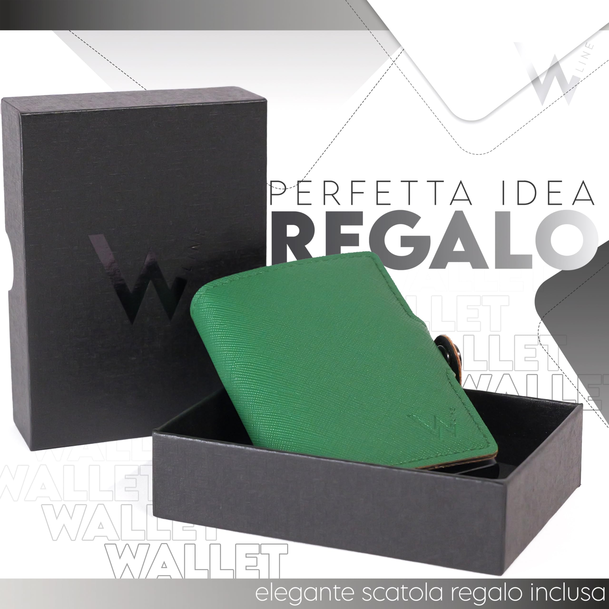 WLine Portafoglio Uomo Slim con Portamonete Rfid Compatto ed Elegante - Porta Carte di Credito Uomo e Donna Schermato in Pelle PU - Portatessere Uomo Tascabile (Verde e Nero Saffiano, Con Zip)