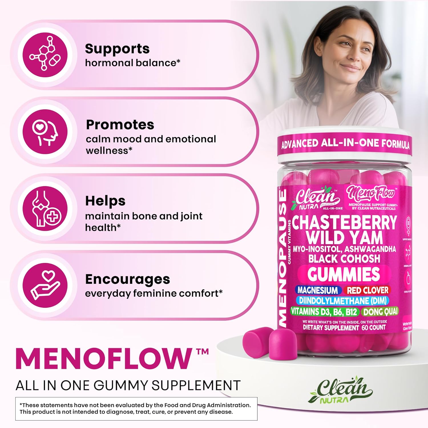 Clean Nutra Menopause Supplements for Women Chastberry Wild Yam Gummies Inositol Black Cohosh Magnesium Red Clover DIM Supplement B6 Magnesium Glycinate Glycine Vitex Hormone Balance Gummy Vitamins - Image 5