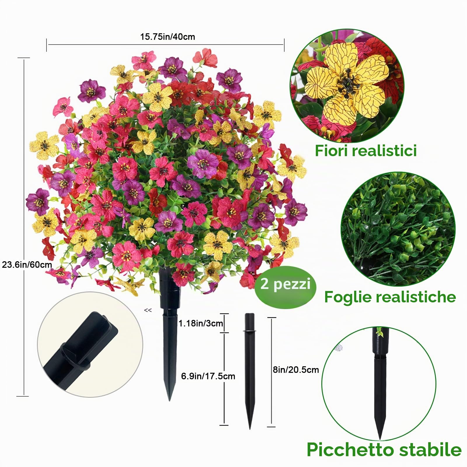 2 Pezzi Bossi Finto Esterno 60 cm Bosso Artificiale con Picchetto Piante Finte Arte Topiaria Alberi Arbusti e Cespugli Finti Resistenti ai Raggi UV per Balcone Terrazza Giardino Deco, Colorato