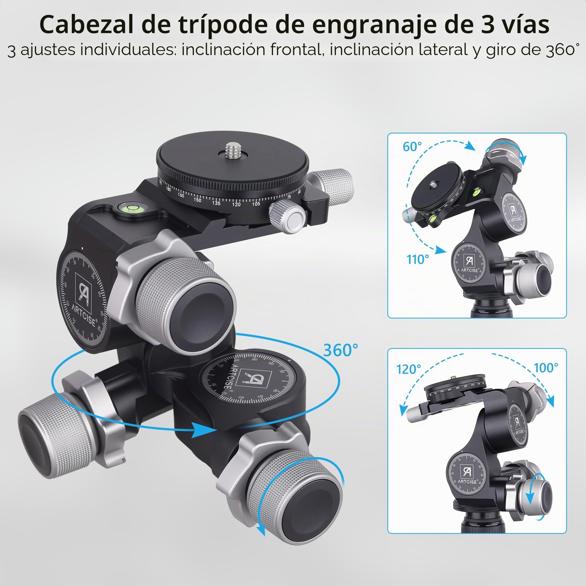 Cabezal de trípode con engranajes de 3 vías, cabezal de trípode con engranajes ARTCISE con placa QR tipo Arca y placa QR panorámica de tipo Arca de 360 °, microajuste milimétrico, carga máxima de 6 kg