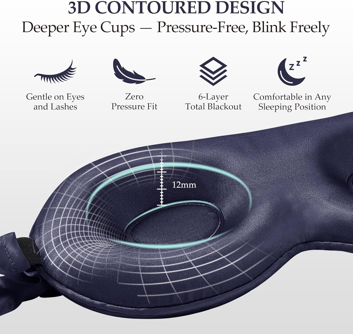 100% Mulberry Silk Sleep Mask for Unisex, 22 Momme 3D Silk Contoured Eye Mask, Breathable Light Blocking Blindfold with Adjustable Strap, Blackout Eye Cover for Travel, Blue - Image 2