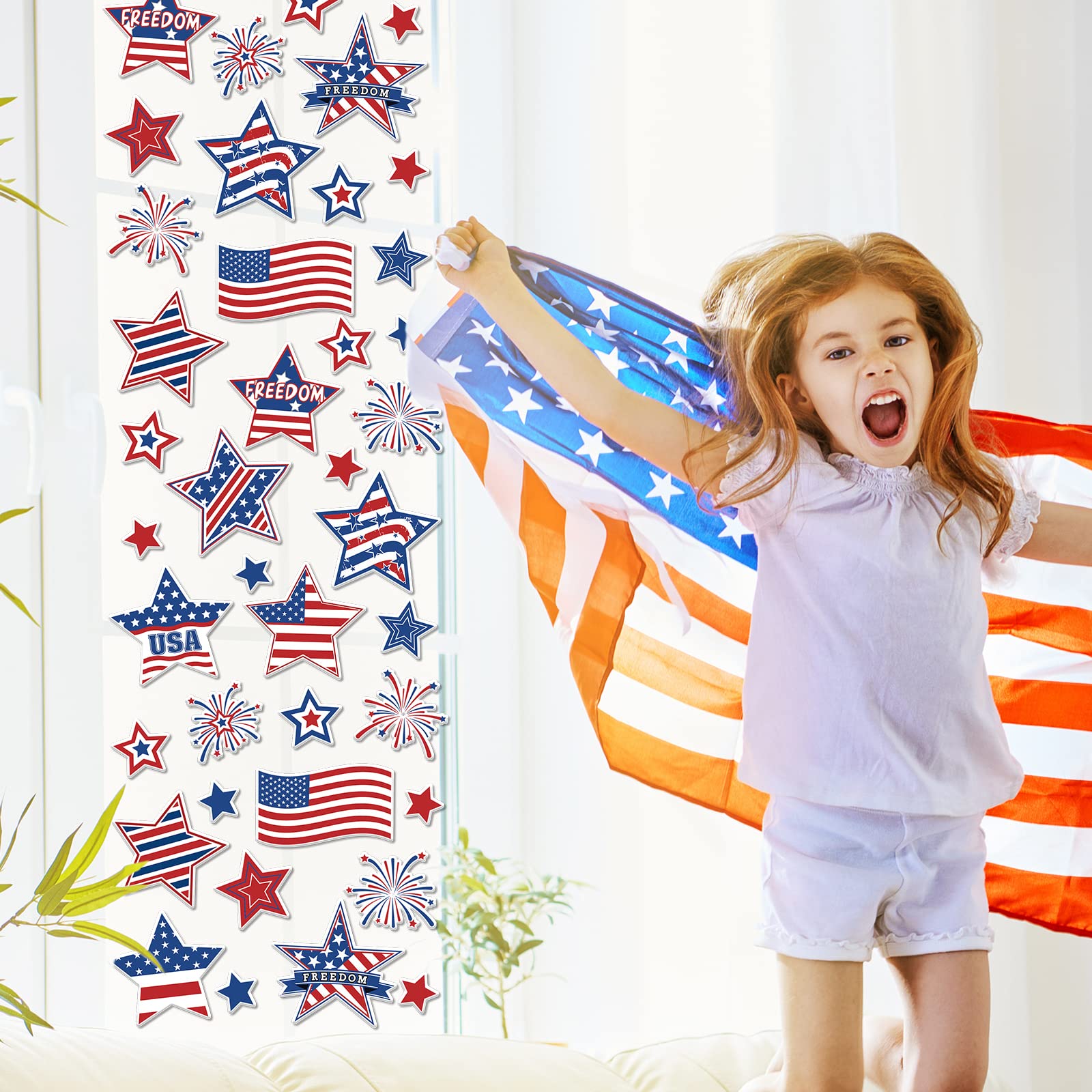 AnyDesign 44Pcs 4th of July Thick Gel Clings Blue Red White Star American Flag Window Thick Gel Stickers Patriotic Gel Decals for Patriotic Memorial Independence Day Toddlers Home Classroom Decor