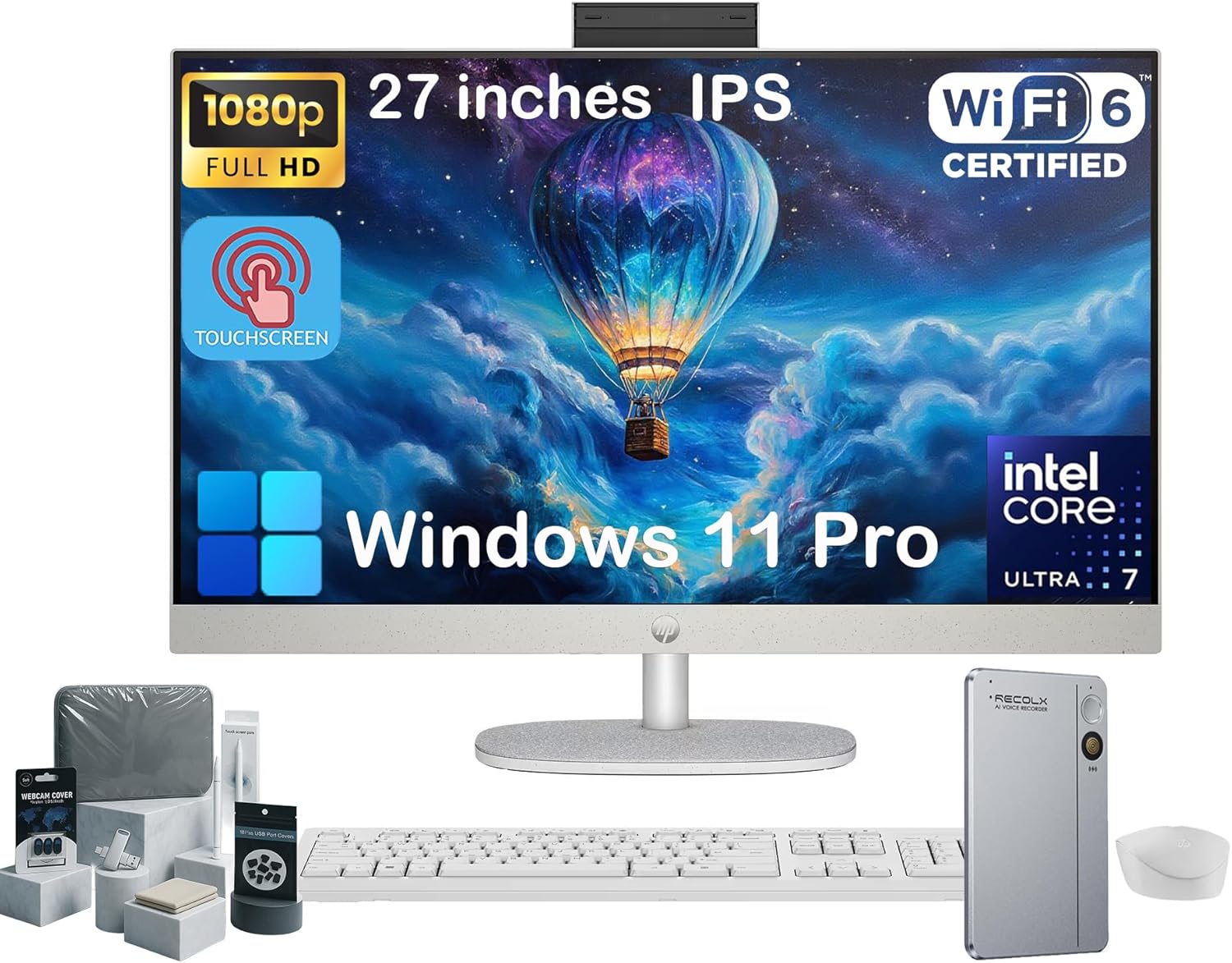 HP 27″ Touch Screen All-in-One Desktop Computer PC – 64GB DDR5 RAM, 2TB SSD, Intel 12-Core Ultra 7 155U, Adjustable Angle, FHD IPS Touchscreen, Wireless KB&Mouse, Win11 Pro, RECOLX AI Voice Recorder HP 27″ Touch Screen All-in-One Desktop Computer PC – 64GB DDR5 RAM, 2TB SSD, Intel 12-Core Ultra 7 155U, Adjustable Angle, FHD IPS Touchscreen, Wireless KB&Mouse, Win11 Pro, RECOLX AI Voice Recorder
