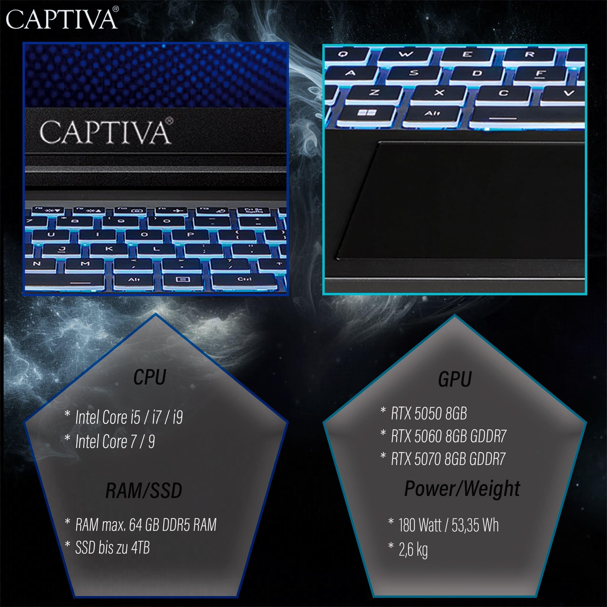 Captiva Notebook Highend Gaming I94-374GE | Intel Core i7 13620H | 32GB DDR5 RAM | NVIDIA GeForce RTX 5070 8GB | 2 TB SSD | 17,3 Zoll Full HD 144Hz | Windows 11 Home
