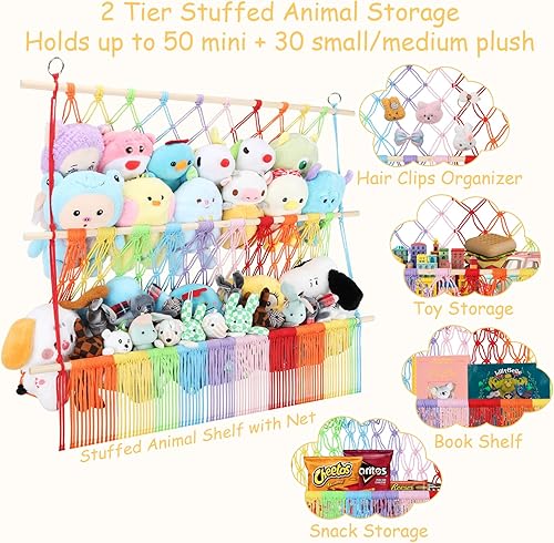 Miniatura 6 de Red de almacenamiento para animales de peluche de 2 niveles, red de peluche grande de 35 x 30 pulgadas con malla densa de 2.41 pulgadas para mini