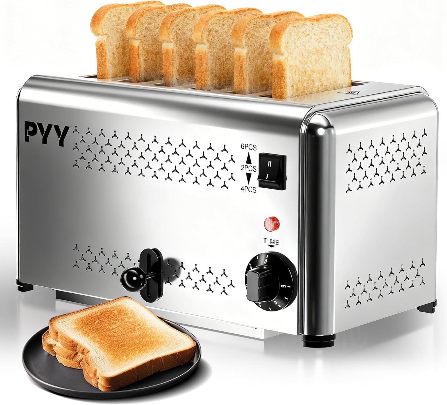 PYY Commercial Toaster 6 Slices - with 2/4/6 Slice Options, 180 Pcs/H, 5-Level Setting Toaster with Removable Crumb Tray, 1.1 inch Wide Slot for Bagel and Bread, 1650W Stainless Steel for Restaurant