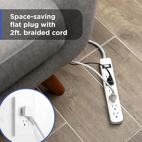 Miniatura 4 de GE SurGE Protector Power Strip de 6 tomas, paquete de 2 unidades, cable de extensión trenzado de 2 pies, protección 245J, enchufe plano, montaje en