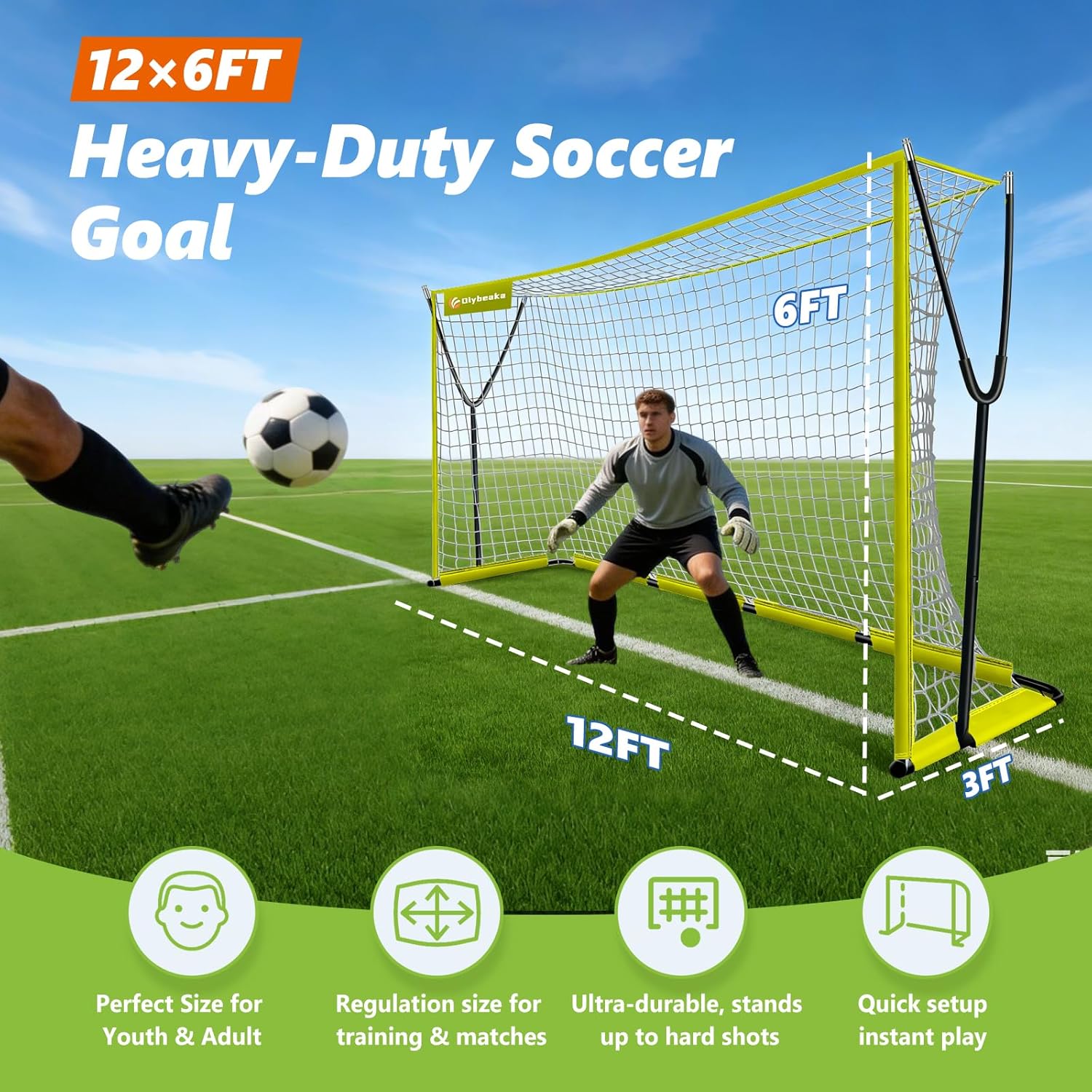 Soccer Goal, 12x6 ft Soccer Goals Net for Backyard with Ultra Stable Outward Angled Metal Frame, 7-ply Tetoron, Portable Carry Bag - Easy Set Up for Youth & Adult Indoor Outdoor Practice