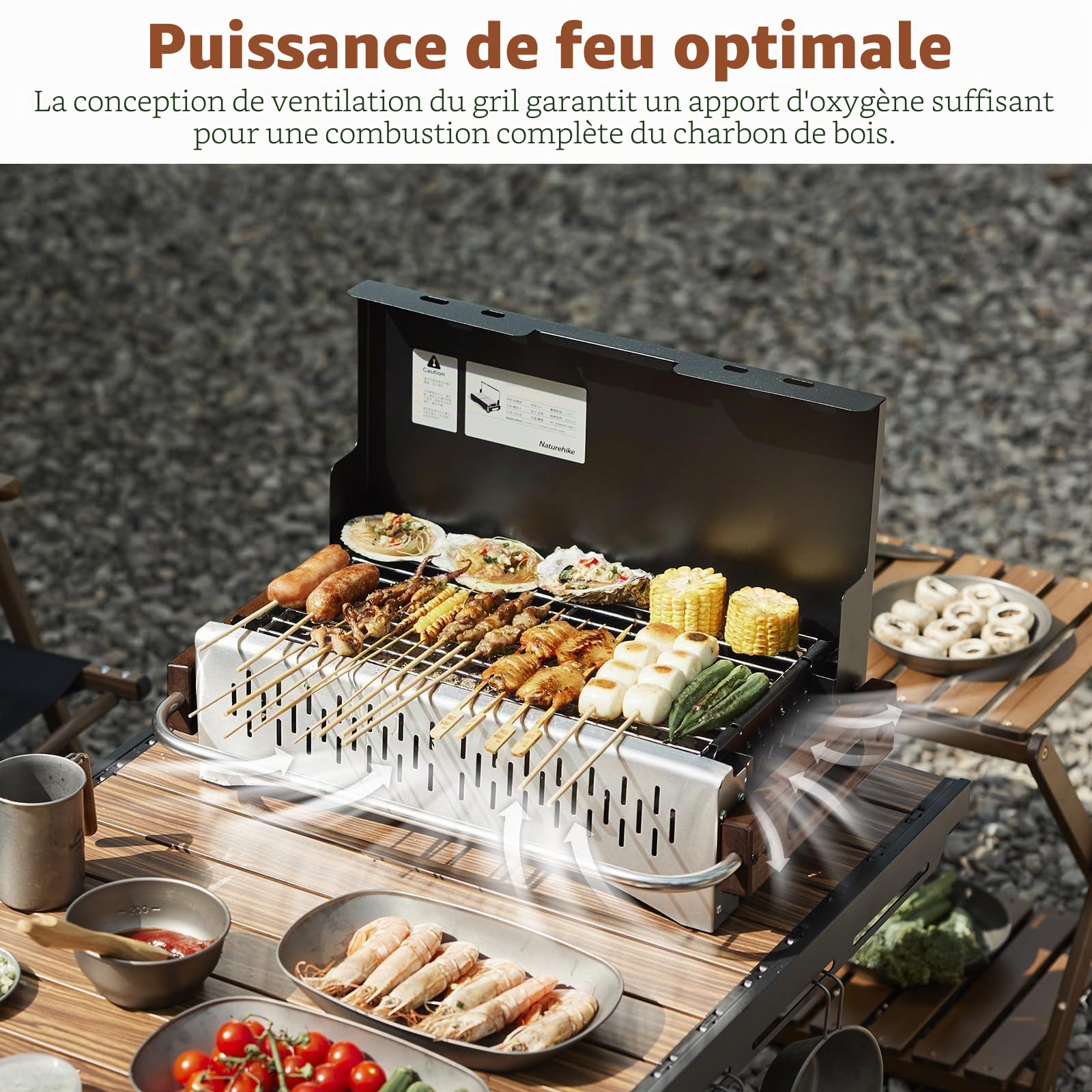 Naturehike Barbecue au Charbon de Bois Pliable 50,2 x 32,8 x 33,5 cm pour Ordinateur Portable - Barbecue de Camping Portable - Plateau de Table - Barbecue de Table pour l'extérieur - Noir