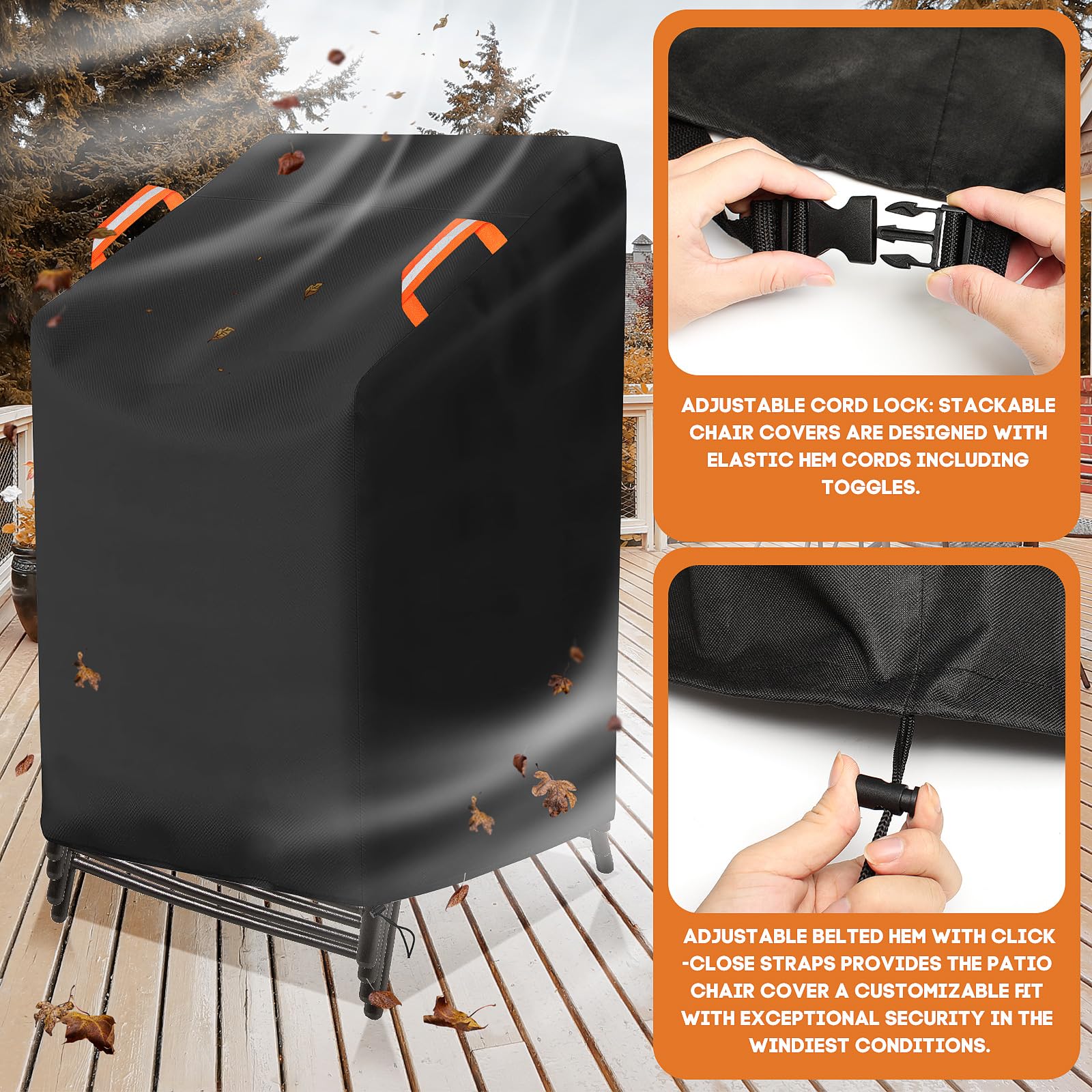 Stacking Chair Covers Garden Waterproof for Outdoor Patio Chair Cover dust-Waterproof weatherproof snow-resistant 600D PVC Oxford Fabric Heavy Duty for Stackable Chair Cover (Black - Image 4