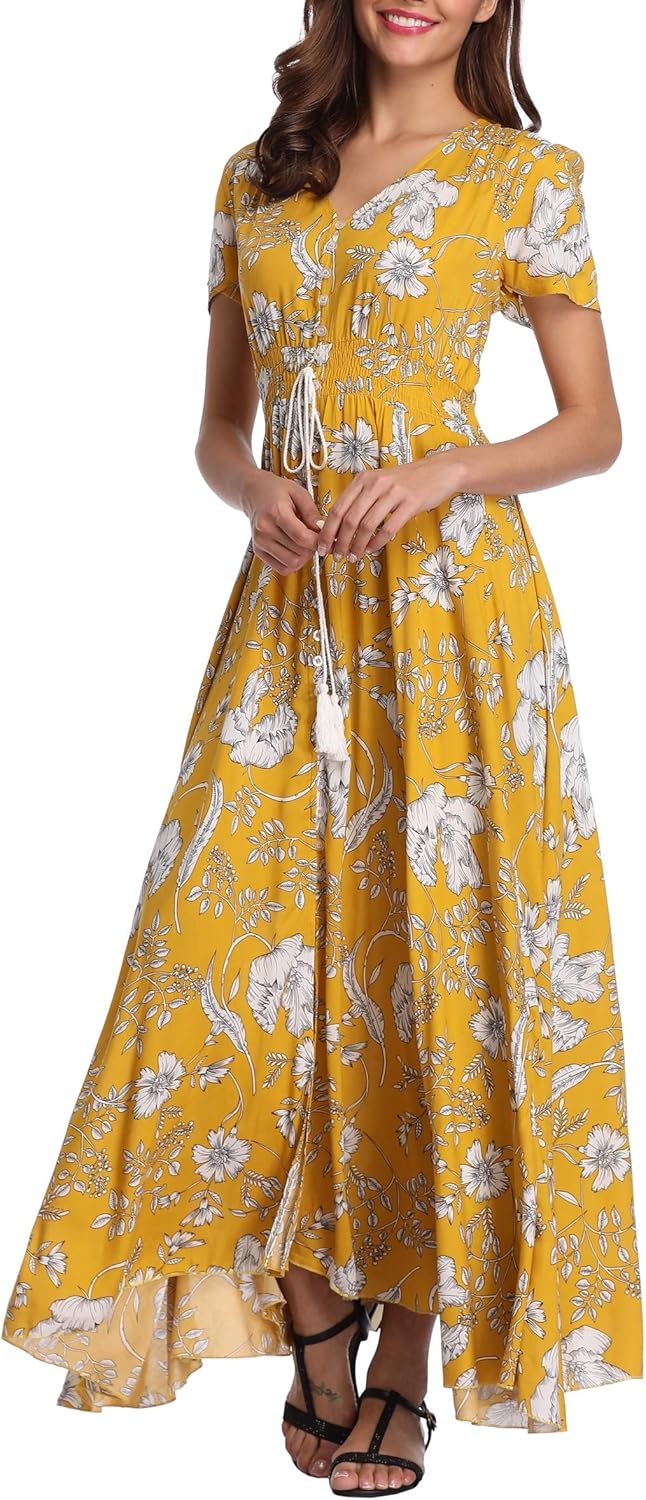 Women's Floral Maxi Dresses Casual Long Summer Boho Beach Dress Short Sleeve Button Up Split Party Dress