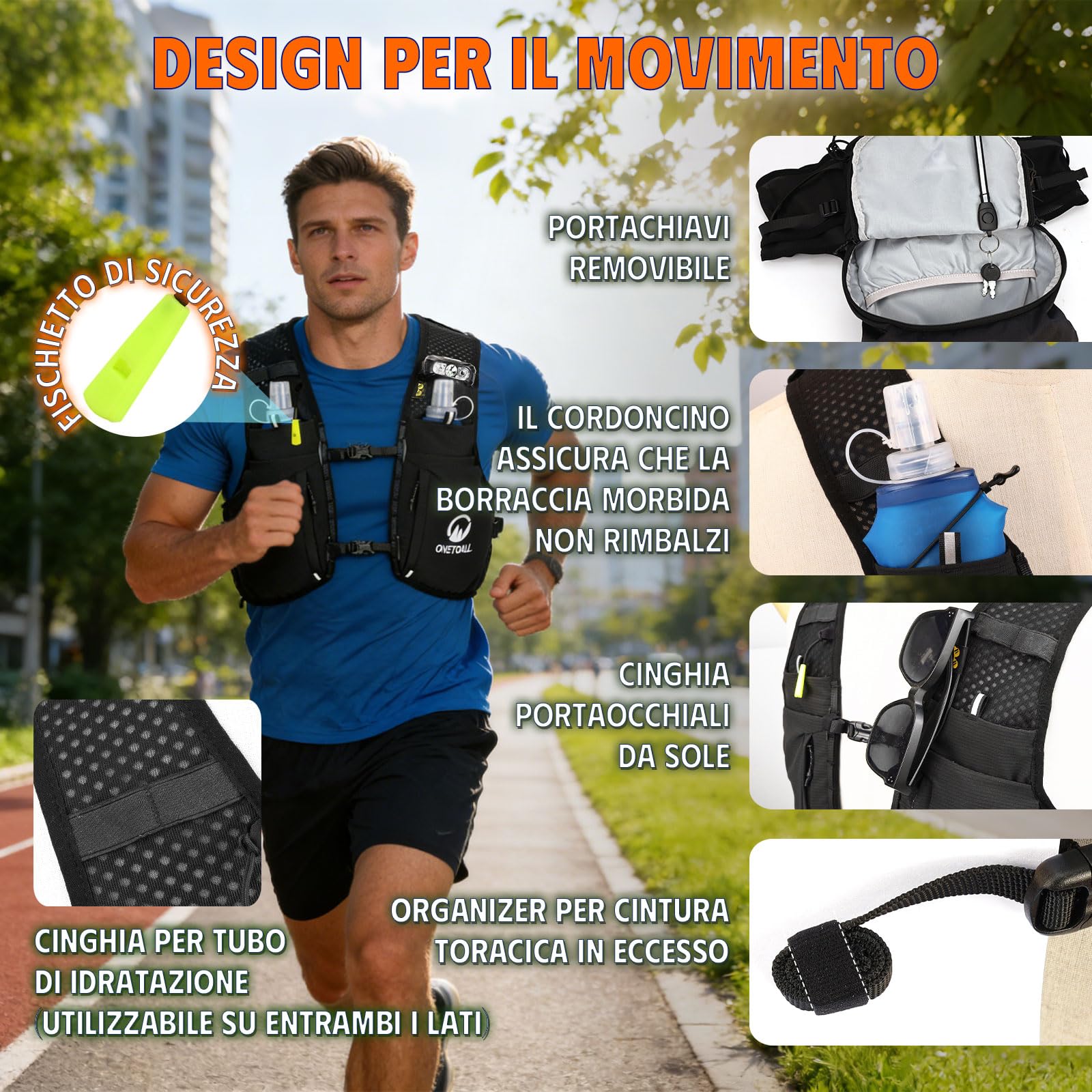 Gilet Running Uomo Donna, Zaino Trail Running con 2 Borraccia Morbida 500ml y Luce LED Ricaricabile, Gilet Corsa Leggero, Running Vest Zaino Corsa Zaino Idratazione per Trekking Ciclismo Sci