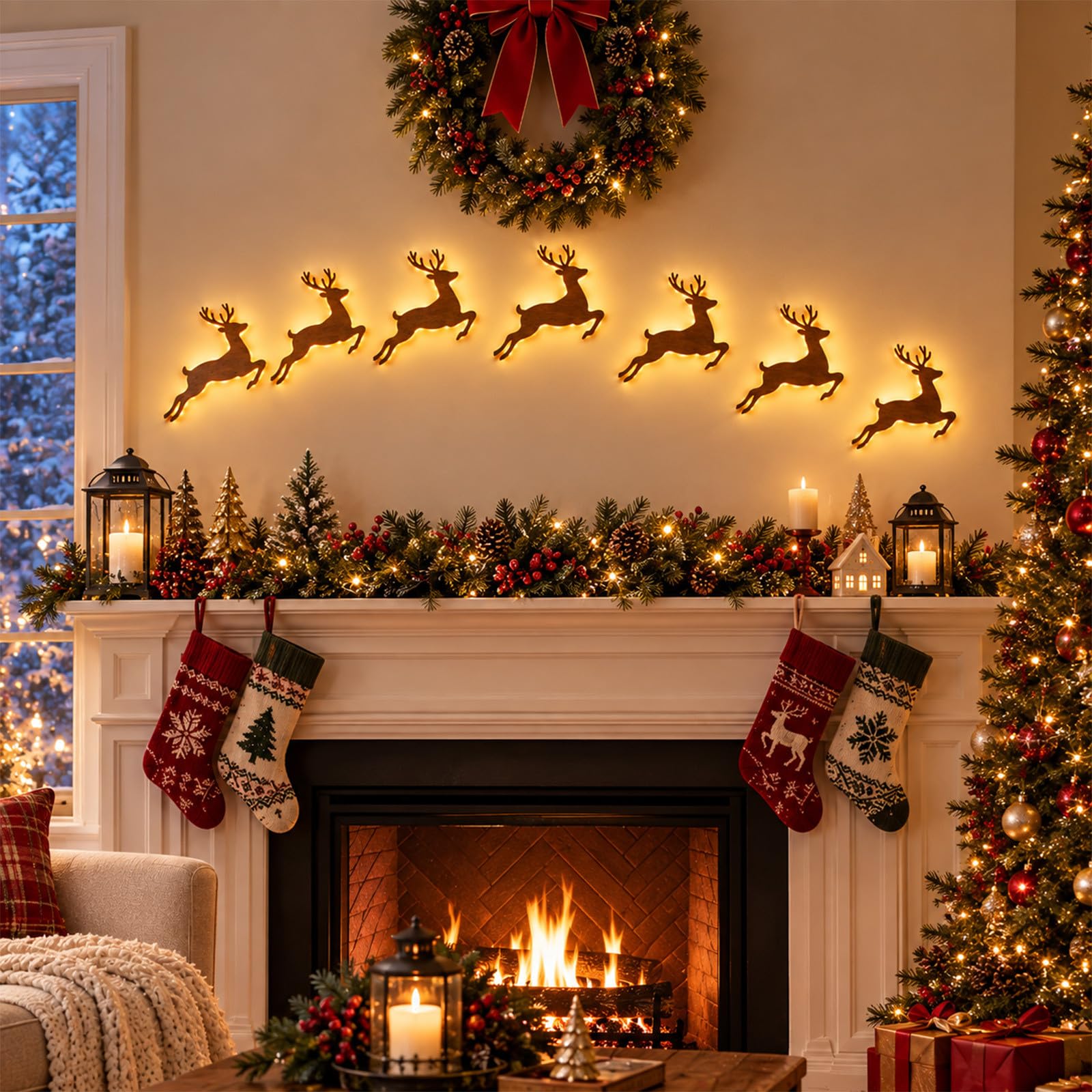 LED Reindeer Christmas Wall Decor, Light Up Wooden Reindeer Decor, #B 7P
