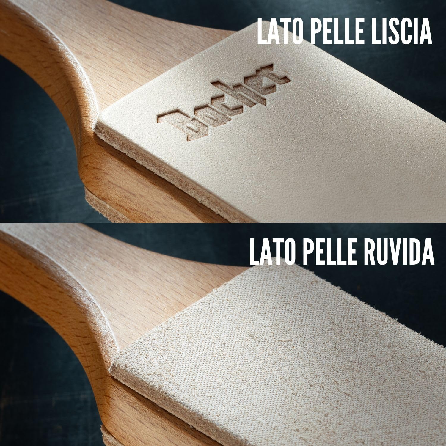 Bacher Coramella in Pelle per l’affilatura di Strop. Manico a paletta in legno massiccio rivestito in cuoio conciata al vegetale spesso 3 mm. Include 4 kit compound di levigatura.