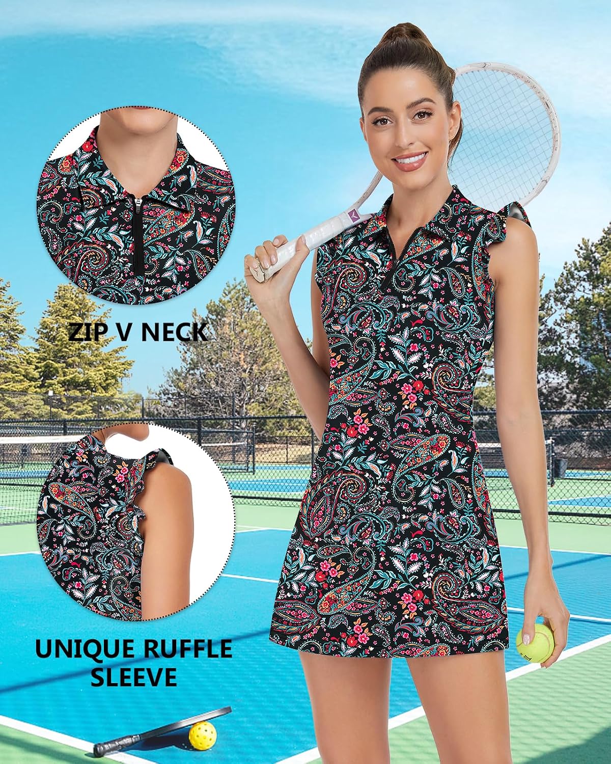 WOWENY Petal Sleeve Tennis Golf Dress for Women with Shorts and Pockets Workout Athletic Sport Sleeveless Dresses