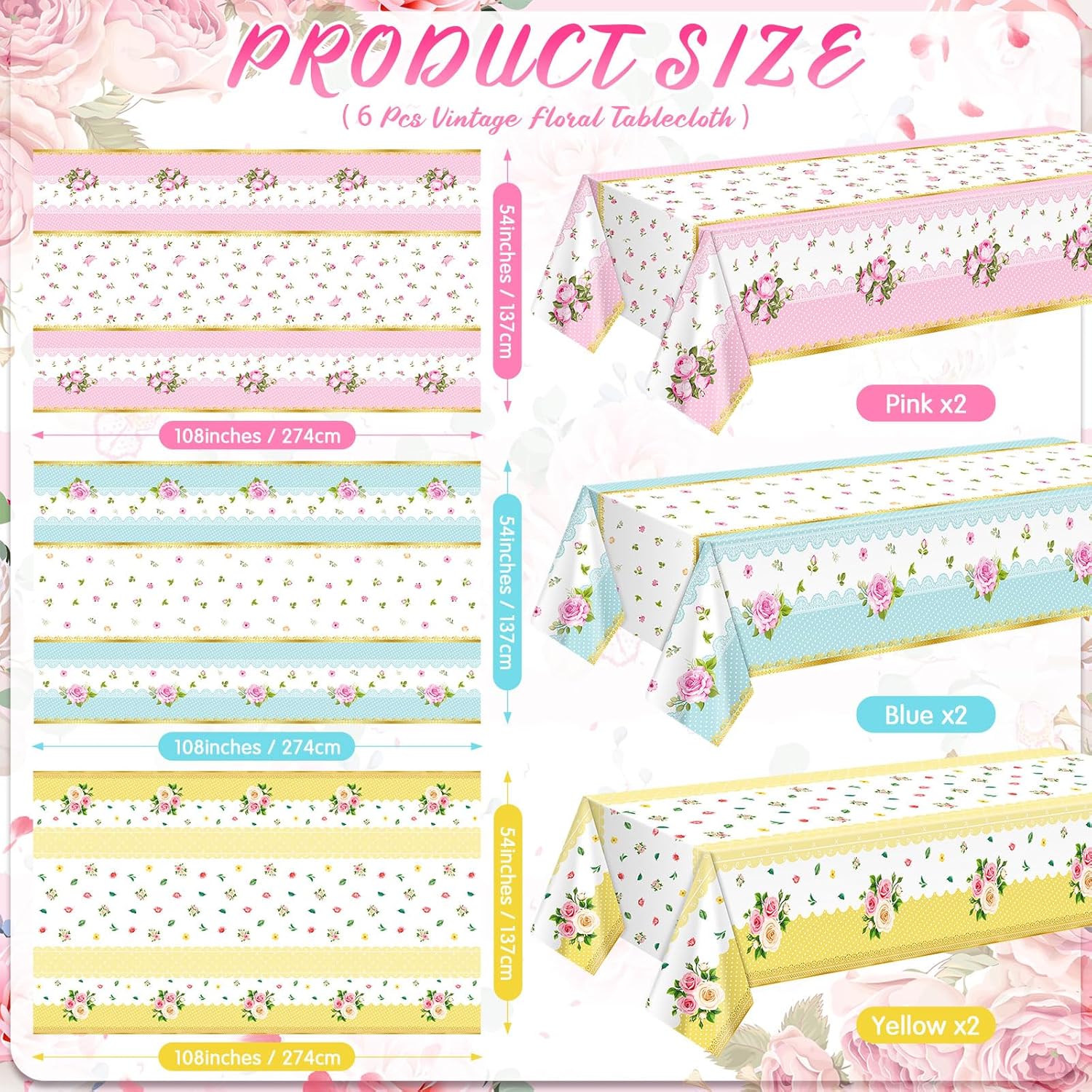 Mindsoft 6 Pcs Tea Party Tablecloth Floral Tablecloth 54x108 Inch Rectangle Plastic Table Cover with Flower Design Spring Disposable Table Cover for Birthday Bridal Shower Wedding Decorations
