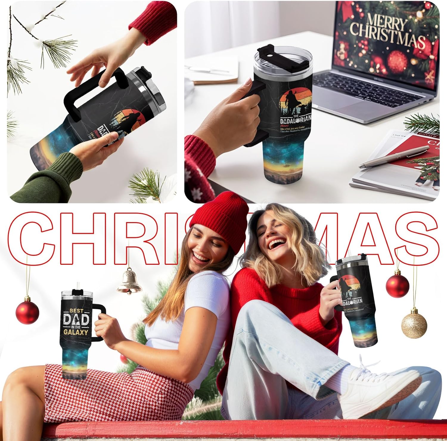 34HD Dadalorian Daddy Tumbler 40oz with Handle Lid and Straw, Funny Best Dad in the Galaxy Gift, Retro Sunset Outer Space Design, Insulated Stainless Steel Cup for Men, Father’s Day Birthday Present - Image 8