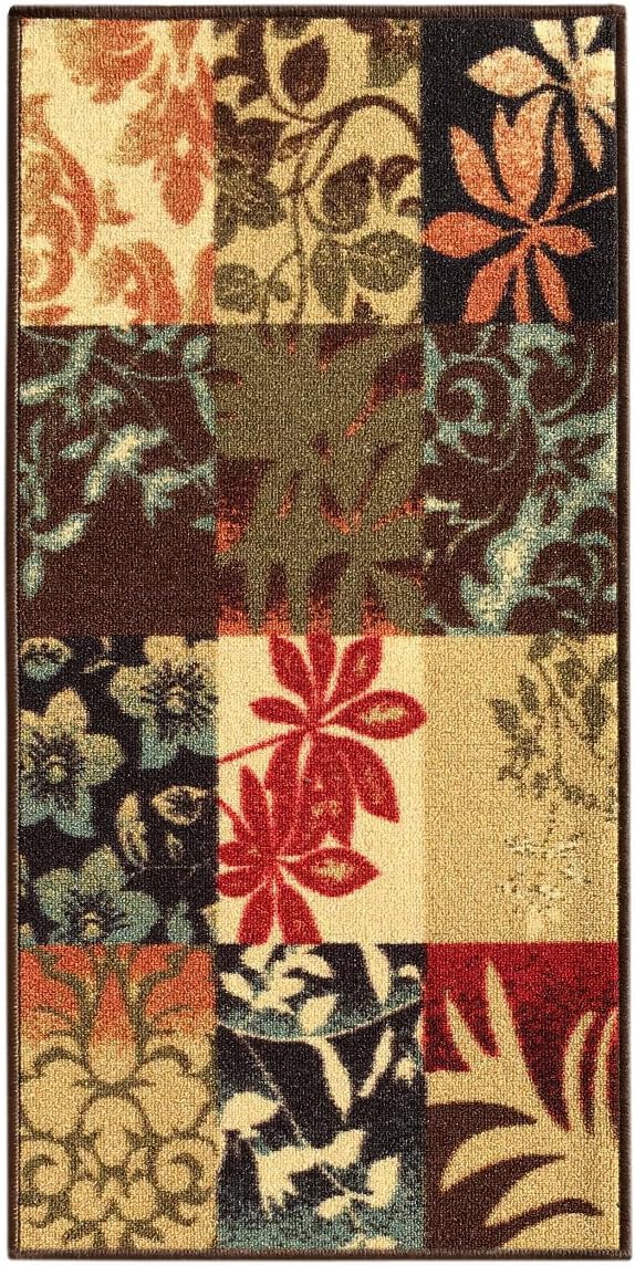 Rubber Backed 22" x 45" Italian Floral Panel Boxes Brown Multicolor Non-Slip Small Runner Rug - Rana Collection Kitchen Dining Living Hallway Bathroom Pet Entry Rugs RAN2029-24