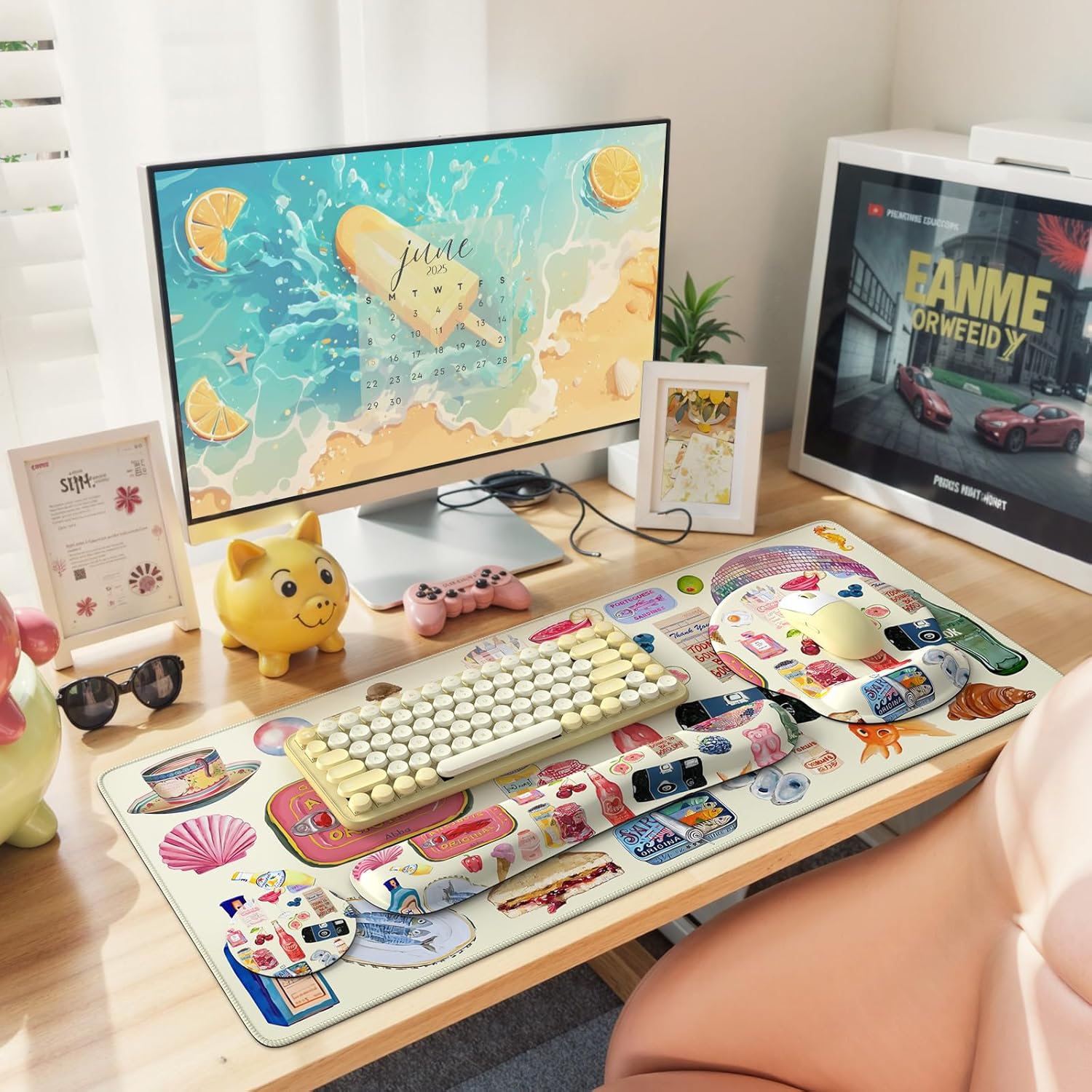 iLeadon Large Desk Cover Mat, Non Slip Gel Mouse Pad with Wrist Support Extra Large, Computer Desk Mat with Keyboard Wrist Rest and Mouse Pad Set, Computer Mats for Desktop Women (Vintage Stickers)