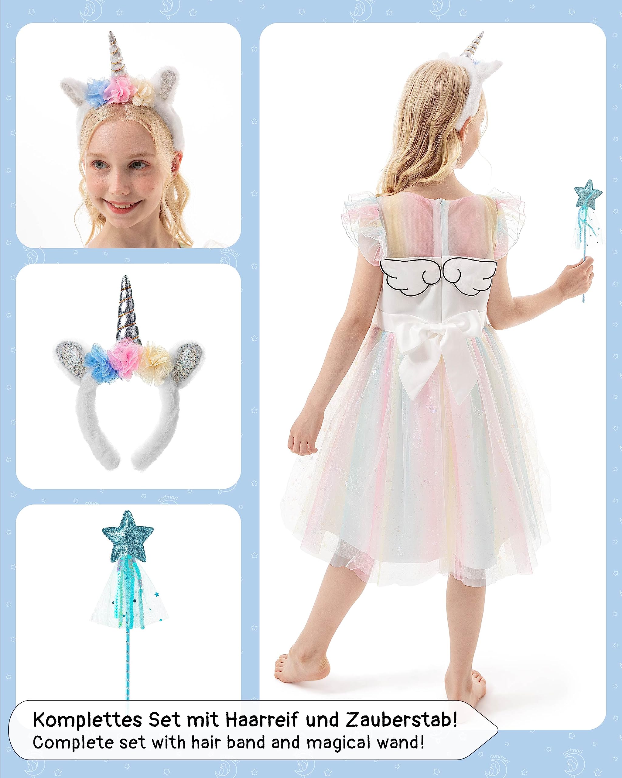 corimori Bequemes Einhorn Kleid für Mädchen mit Flügeln, Haarreif, Glitzer Zauberstab und Tattoos | Einhorn Kostüm Kinder